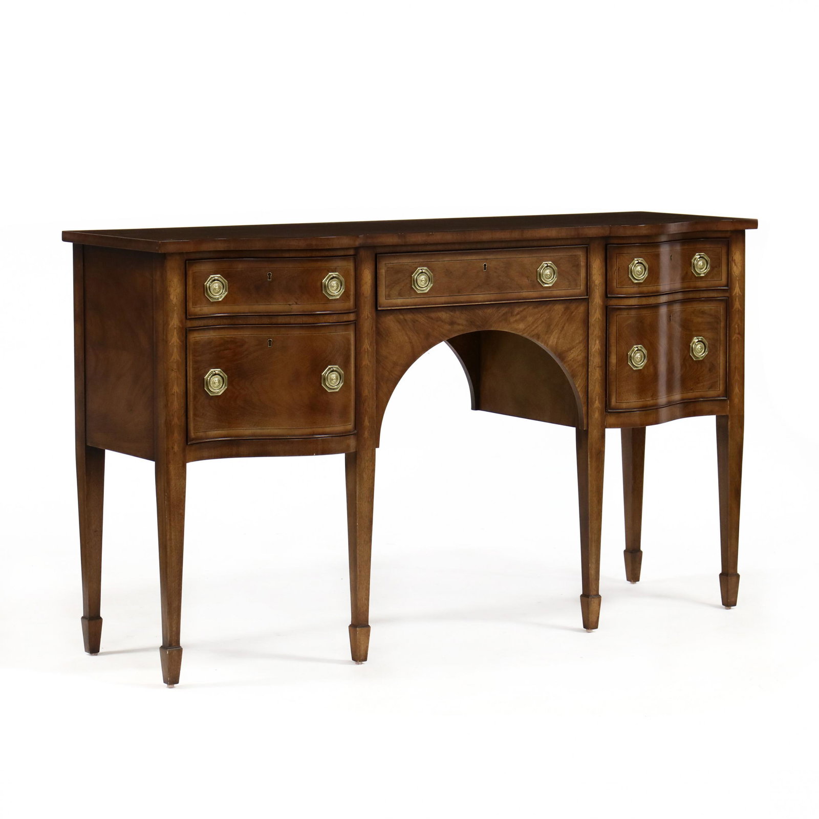 E.J. Victor, Hepplewhite Style Inlaid Mahogany: E.J. Victor, Hepplewhite Style Inlaid Mahogany Sideboard shaped top with banded and line inlay, case with five banded and cock beaded drawers, stiles with paterae and bellflower inlay, tapered legs on