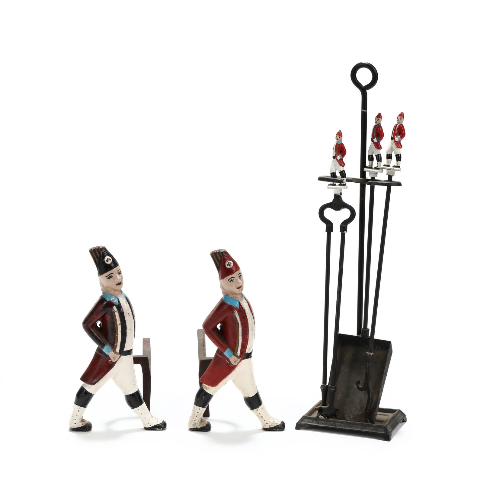 Cold Painted Iron Hessian Fireplace Set: Cold Painted Iron Hessian Fireplace Set mid 20th century, including a pair of figural andirons and a three-piece tool set with stand. Andirons 16 x 9 x 18 in. Private Collection, Western North Carolin