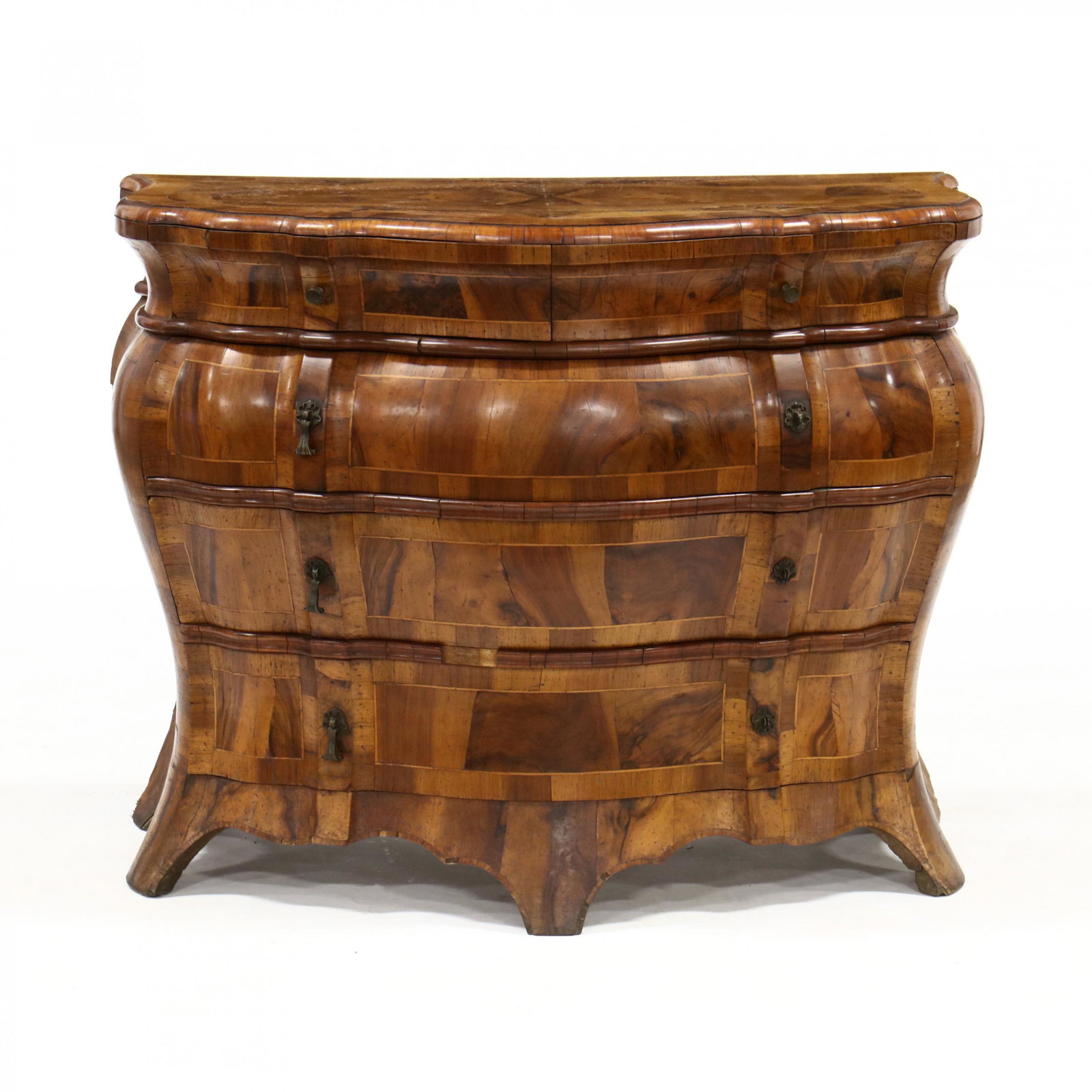 Italian Burlwood Inlaid BombÃ© Commode: Italian Burlwood Inlaid BombÃ© Commodeearly 20th century, banded top with bookmatched veneers, case with two over three drawers with repeating banded inlays, banded inlaid side panels, on shaped bra