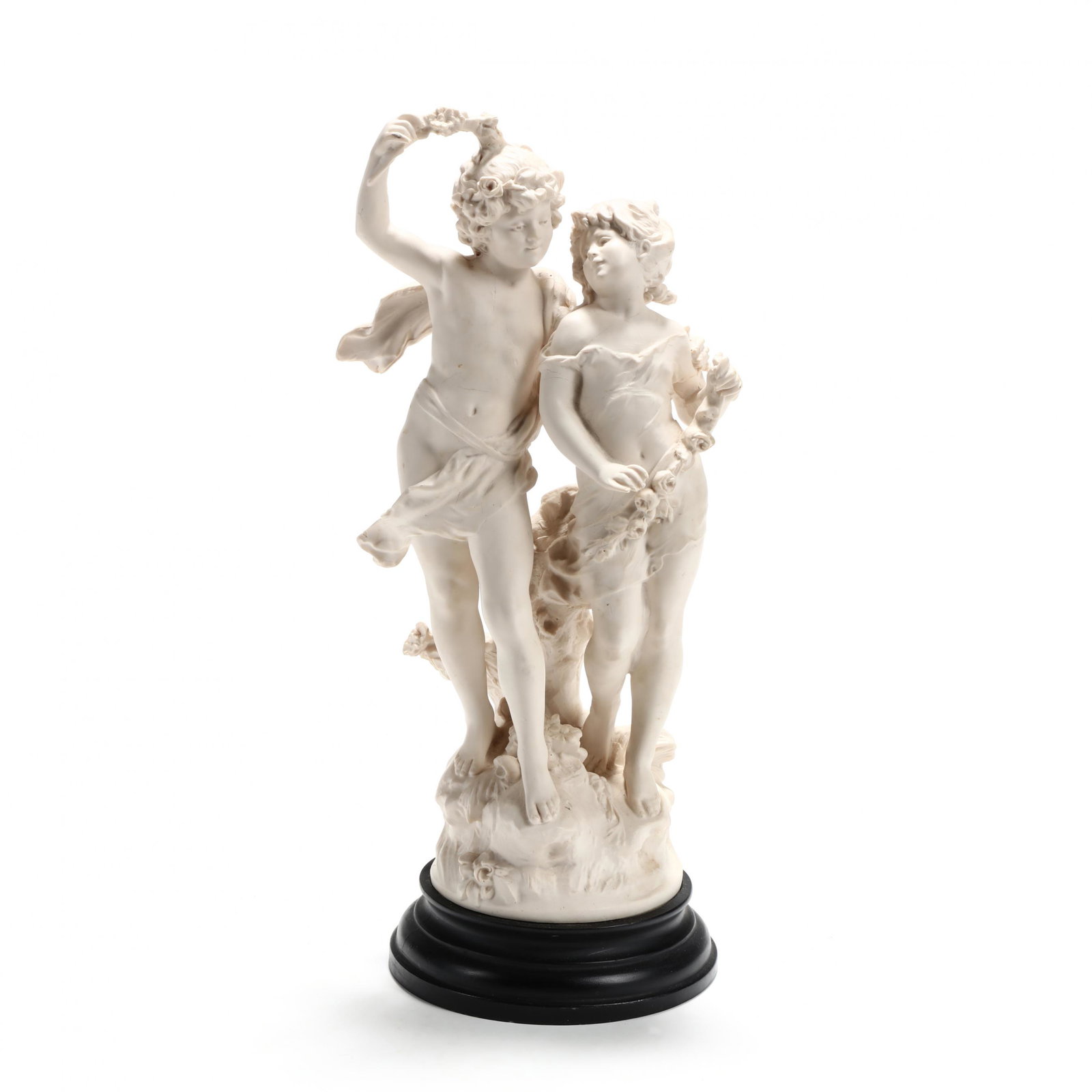 after Louis Auguste Moreau (French, 1855-1919), Two: after Louis Auguste Moreau (French, 1855-1919), Two Mythological Figurescomposite, 20th century, signed, raised on wooden base. Private Collection, Charlotte, North Carolina Additional high-resolution