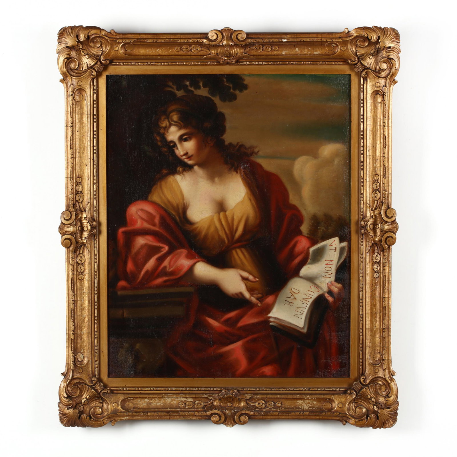 after Giovanni Francesco Romanelli (Italian,: after Giovanni Francesco Romanelli (Italian, 1610-1662), The Cumaean Sybiloil on canvas, unsigned, early 20th century, inscribed "VT NON CONFVN / DAR" on the open book, presented in a period gilt fram