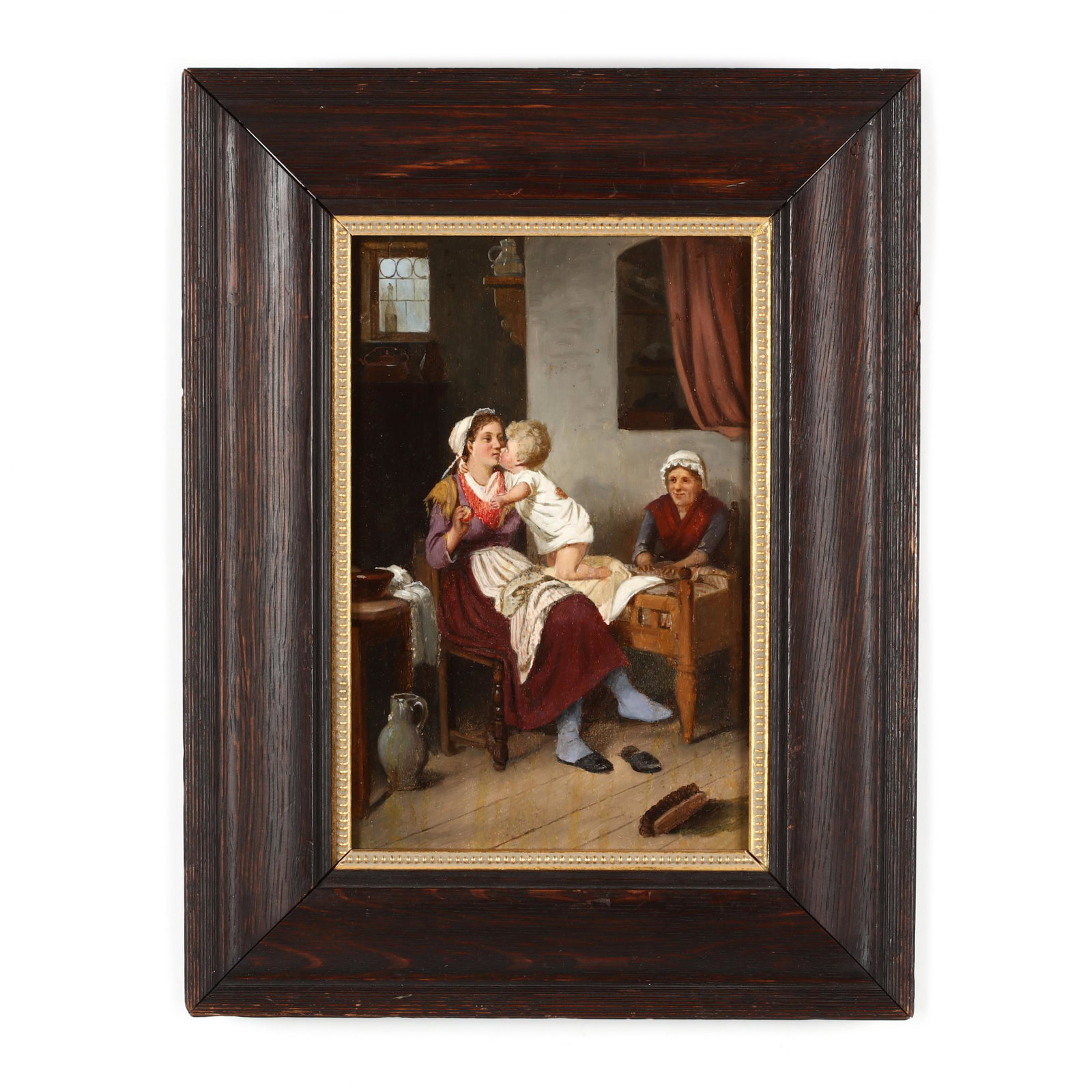 Continental School (19th century), A Kiss for an Apple: Continental School (19th century), A Kiss for an Apple oil on cradled panel, unsigned, presented in an antique hardwood frame with gilt fillet. DOA 16 x 12 3/8 in. A charming familial genre painting w