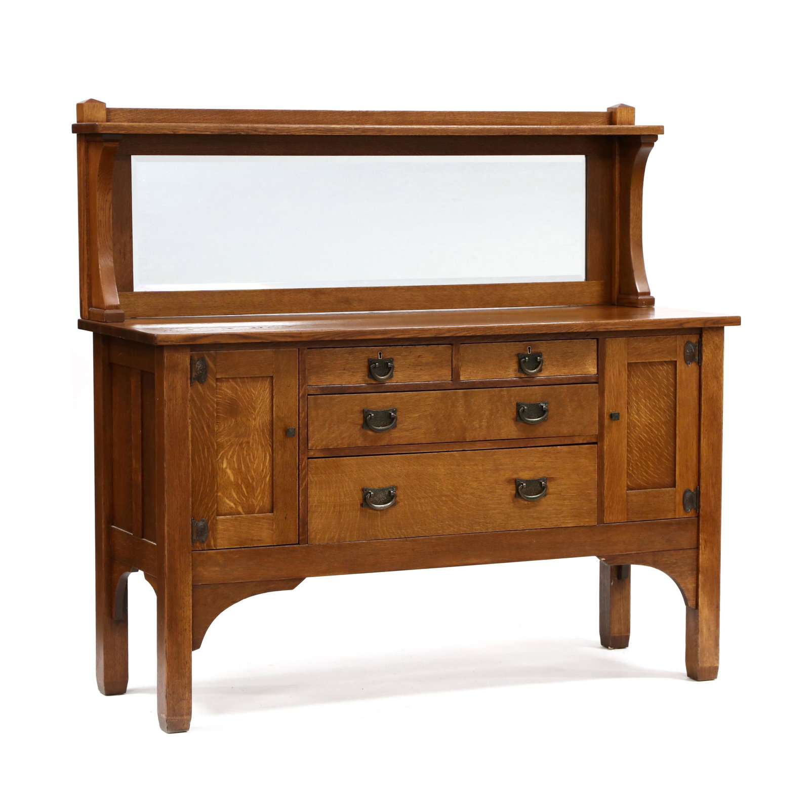 Vintage Stickley Brothers, Mission Oak Sideboard with: Vintage Stickley Brothers, Mission Oak Sideboard with Mirror circa 1910, quarter sawn oak, beveled mirror backsplash, hammered copper hardware, case with two over two graduated drawers flanked by pane