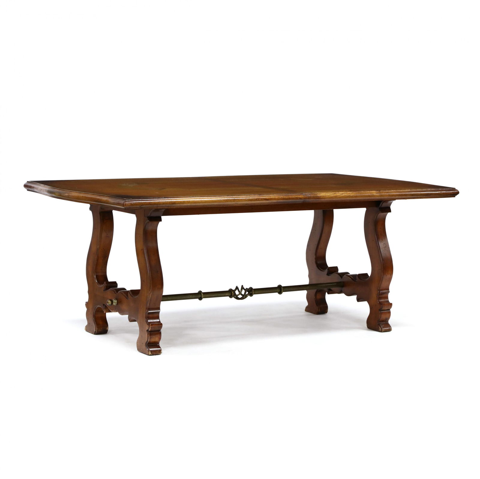 Lloyd's, French Provincial Style Cherry Dining Table: Lloyd's, French Provincial Style Cherry Dining Tablecontemporary, shaped rectangular top with banded oak edge, opens to accept two leaves, on trestle form base, painted metal stretcher, labeled. 30 x