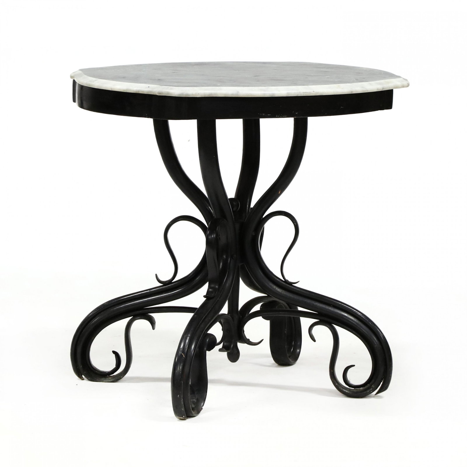 att. Thonet, Antique Bentwood Marble Top Center Table: att. Thonet, Antique Bentwood Marble Top Center Table late 19th century, shaped oval white marble top with molded edge, ebonized walnut bentwood base, appears unmarked. 30 x 32 x 24 in. From the colle