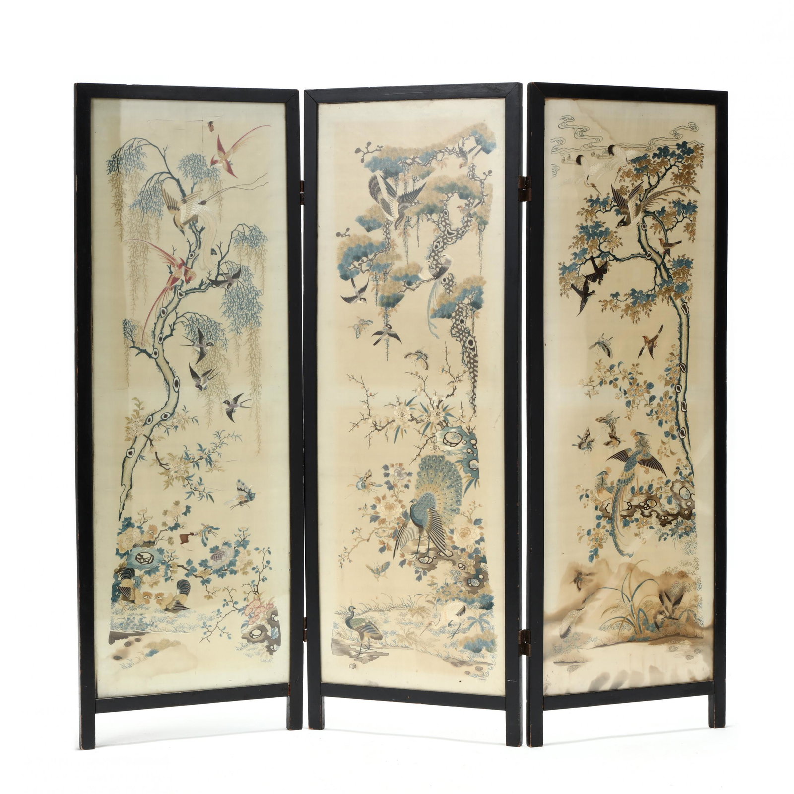 A Wooden Screen with Chinese Silk Embroidered Panels: A Wooden Screen with Chinese Silk Embroidered Panels Qing dynasty (1644-1912), cream silk ground panels embroidered in silk with a myriad of birds including a regal peacock and pheasant in the midst o