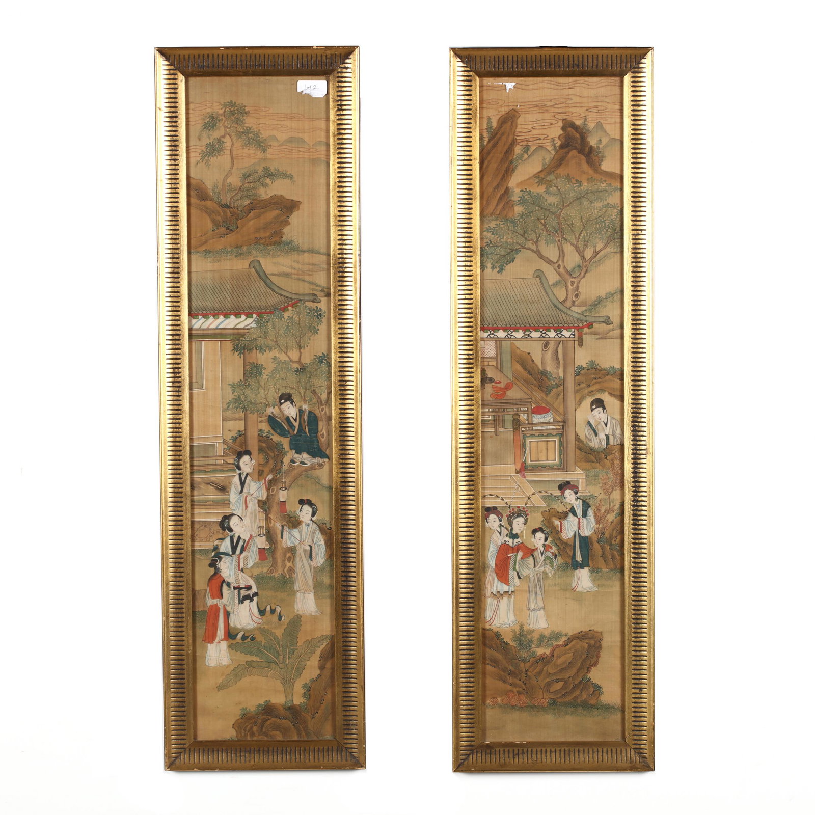 A Pair of Qing Dynasty Paintings of a Noble Lady: A Pair of Qing Dynasty Paintings of a Noble Lady Qing dynasty (1644-1912), watercolor on silk, finely painted images of a noble lady with her three attendants in garden scenes being spied on by a man,