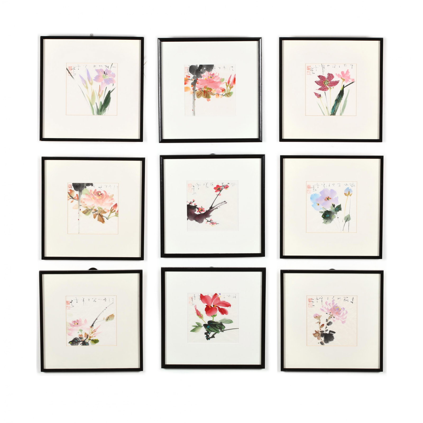 A Group of Nine Watercolor Paintings by John Chen: A Group of Nine Watercolor Paintings by John Chen (Chinese, born 1939) ink and colors on rice paper, paintings with pastel colored floral blooms, with calligraphy above each and two red artist seals, 