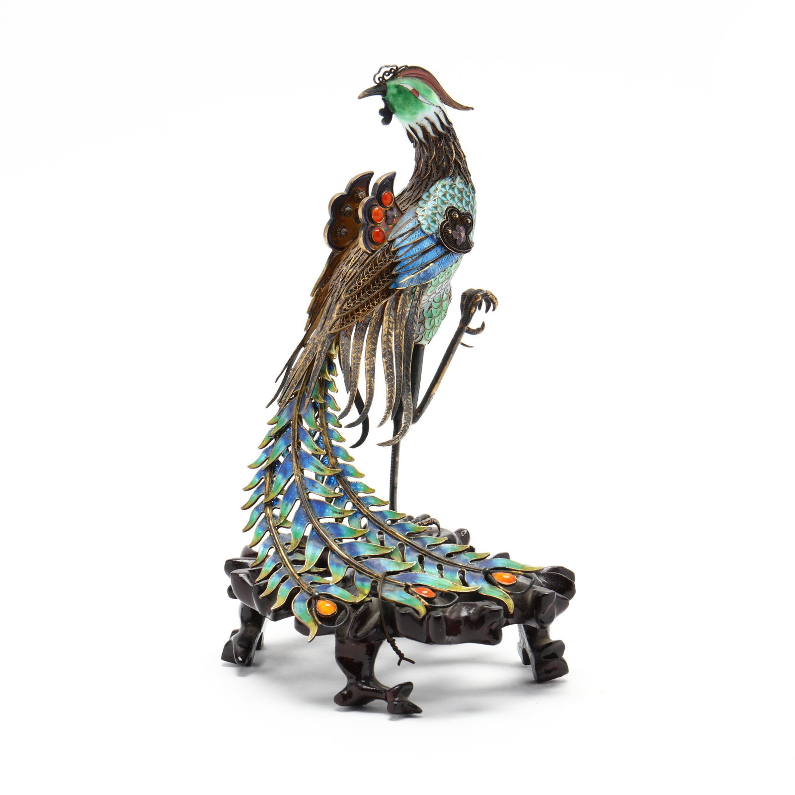 A Chinese Export Silver and Enamel Cloisonne Phoenix: A Chinese Export Silver and Enamel Cloisonne Phoenix 20th century, a very fine wire filigree phoenix with cloisonne enamel accents and gilt highlights, carnelian gemstones on tail feathers, standing o