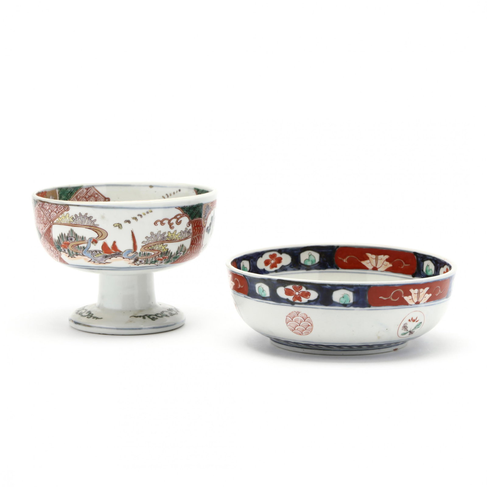 Two Japanese Meiji Period Porcelain Imari Bowls: Two Japanese Meiji Period Porcelain Imari Bowls Meiji period (1868-1912), one footed bowl decorated with shaped medallions containing birds and fauna to sides of exterior and interior, and a circular 
