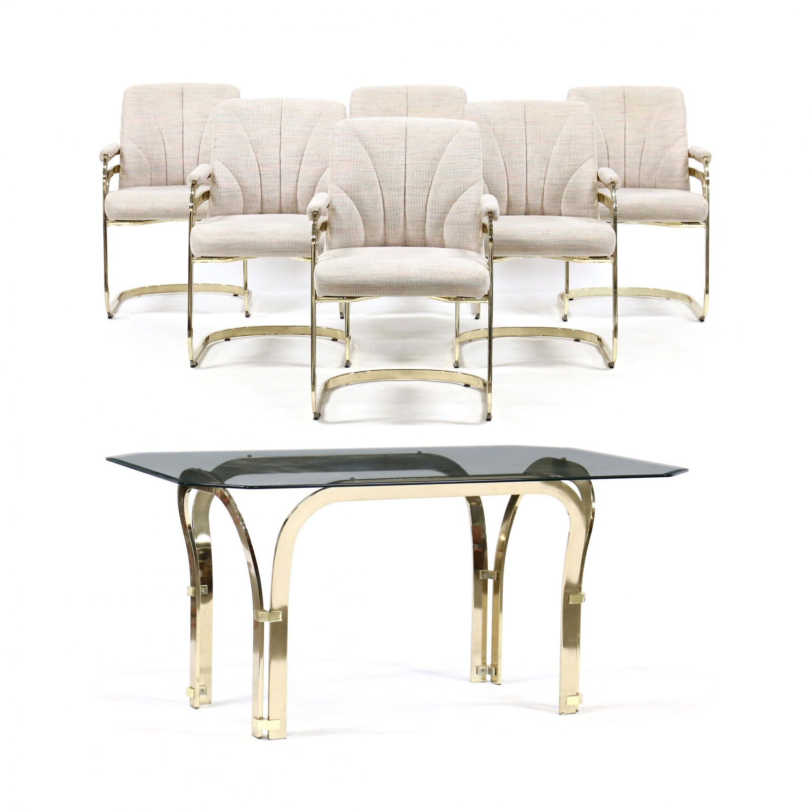 Vintage Brass Chromcraft Table and Six Chairs: Vintage Brass Chromcraft Table and Six Chairs1980s, including a rectangular table with a shaped beveled glass top and six armchairs with original upholstery, labeled. Table 28 x 40 x 60 in., chair 33