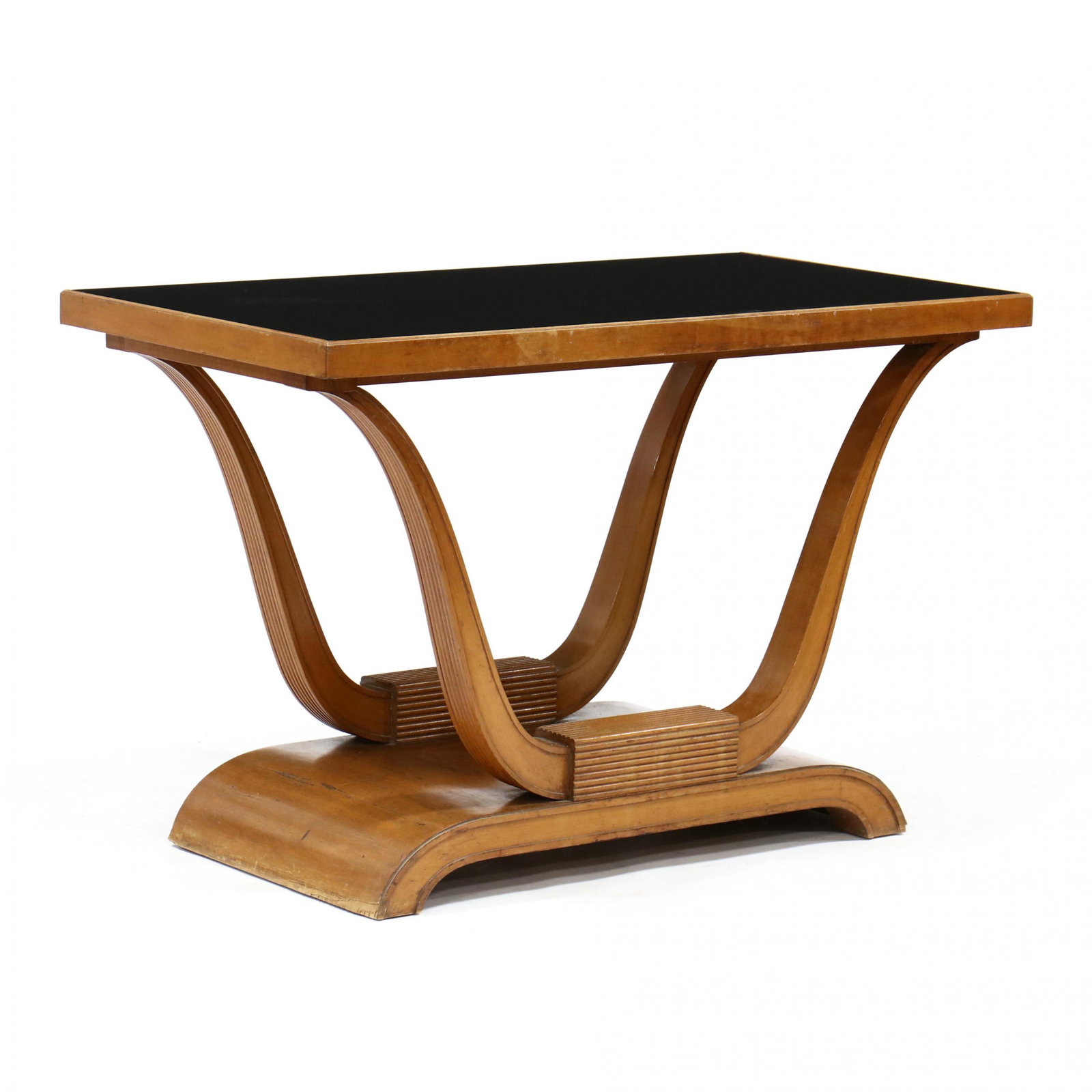 Hollywood Regency Mahogany and Glass Console Table: Hollywood Regency Mahogany and Glass Console Table 1950s, inset black glass top, mahogany base with curved and reeded supports on an arched foot. 29 x 45 x 24 in. Additional high-resolution photos are