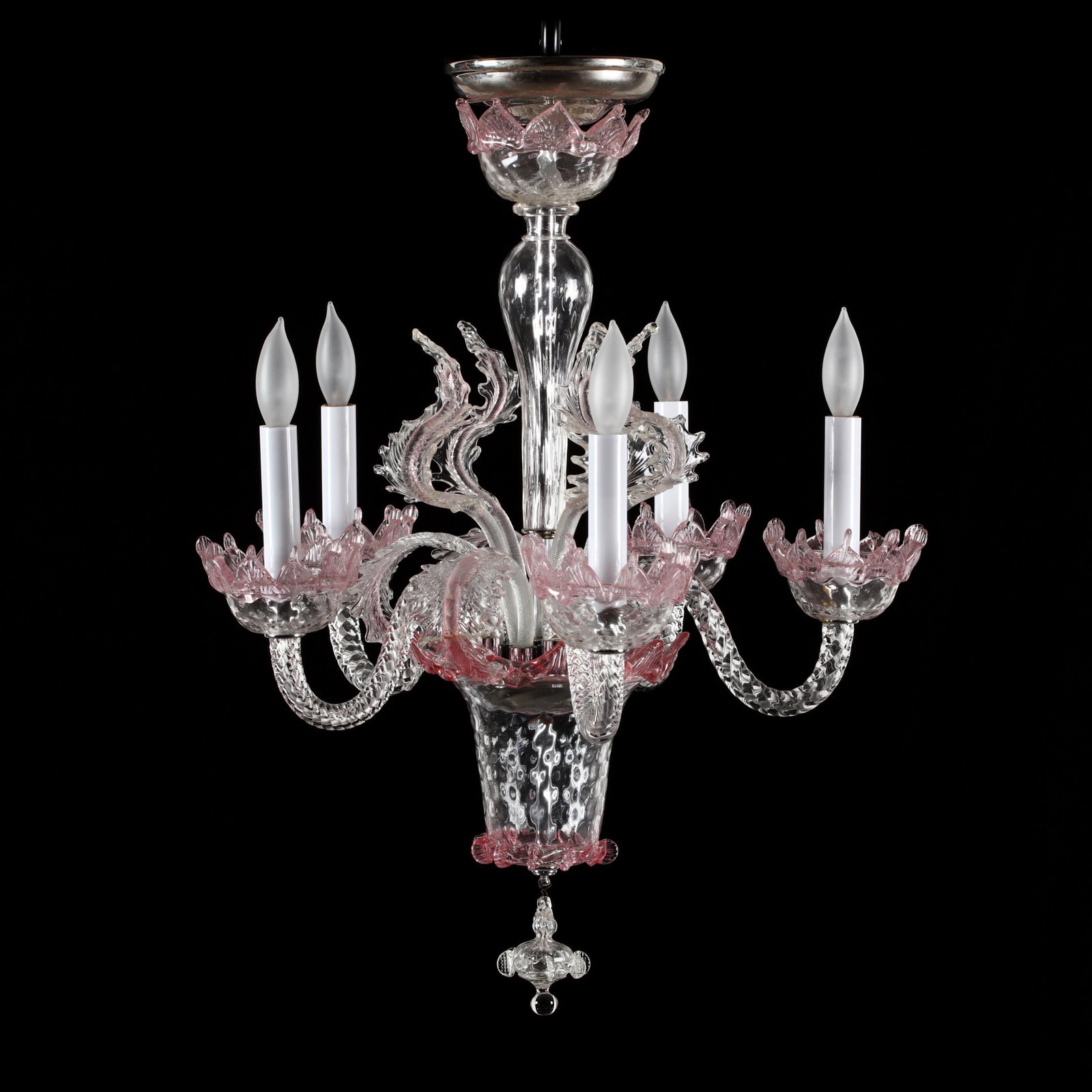 Diminutive Venetian Glass Chandelier: Diminutive Venetian Glass Chandelier late 20th century, likely Murano, five light form in pink and clear tooled and blown glass, with white metal mounts, with ceiling cap, appears unmarked. 24 x 16 in