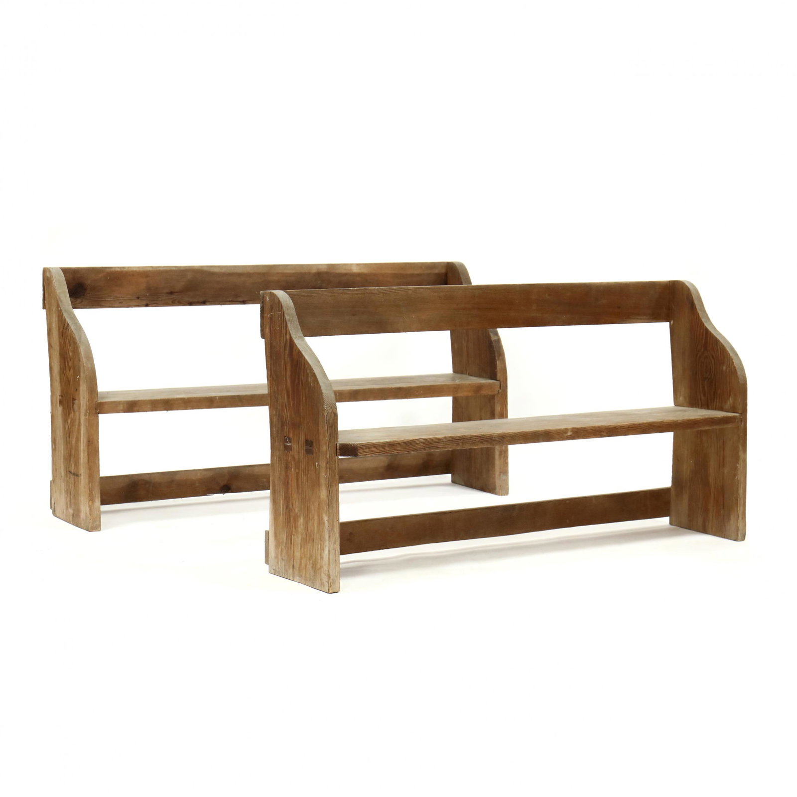 Pair of Antique Southern Yellow Pine Primitive Church: Pair of Antique Southern Yellow Pine Primitive Church Pews late 19th century, single board seat with through tenon construction, on flush feet. 34.75 x 68 x 14 in. Additional high-resolution photos ar
