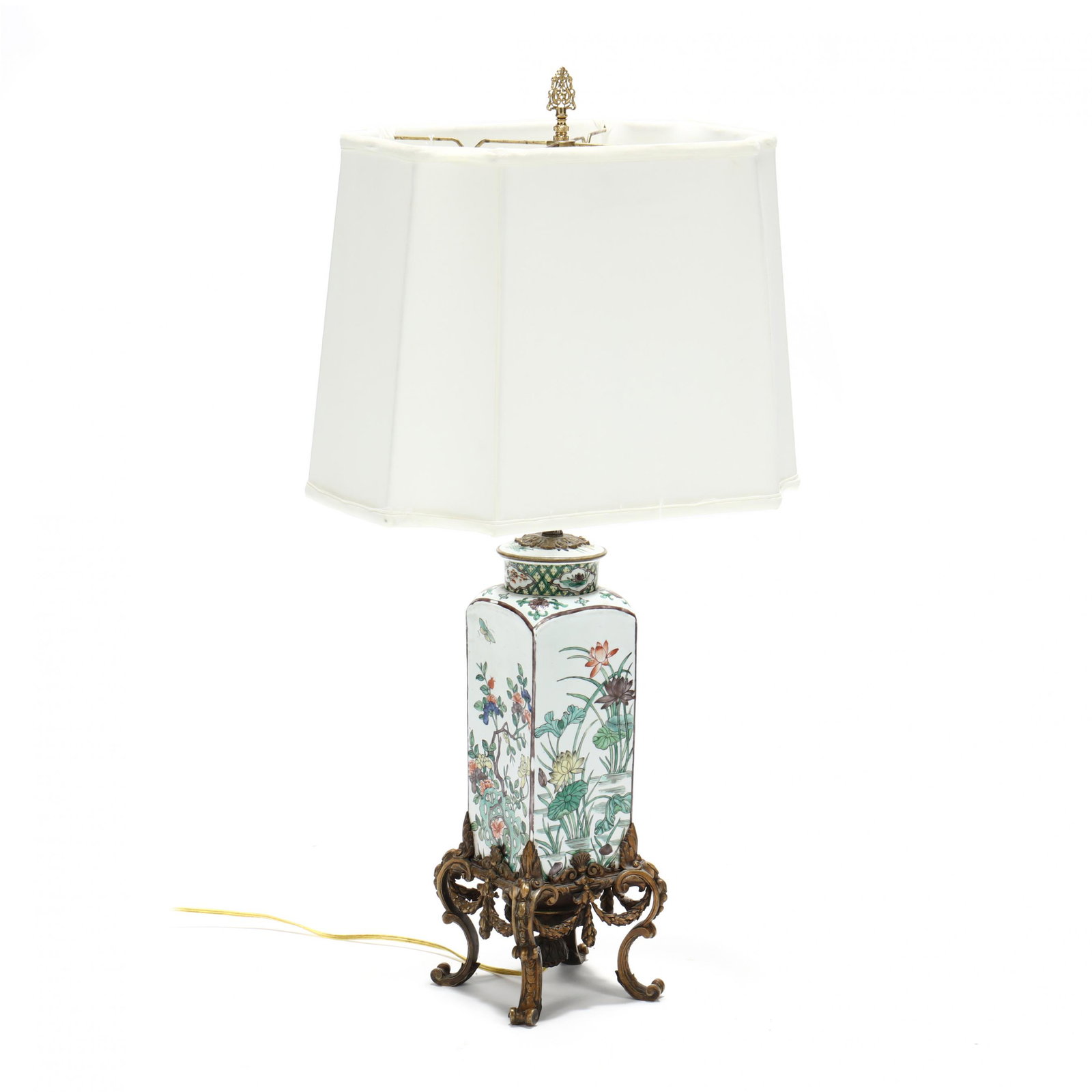 Chinoiserie Ormolu Mounted Porcelain Table Lamp: Chinoiserie Ormolu Mounted Porcelain Table Lamp first half of the 20th century, two-light form, lotus leaf and butterfly motif, on scrolled ormolu feet. HOA 32 in. Additional high-resolution photos ar