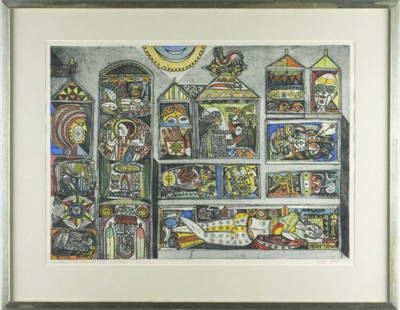 Jyoti Bhatt (India, b. 1938),: Jyoti Bhatt (India, b. 1938), "Nostalgic Interiors", engraving, pencil titled and signed in lower margin, "Nostalgic Interiors. A/P 5/8 N.Y. 1966...Jyoti Bhatt," matted in wooden frame. SS 18.75" x 25