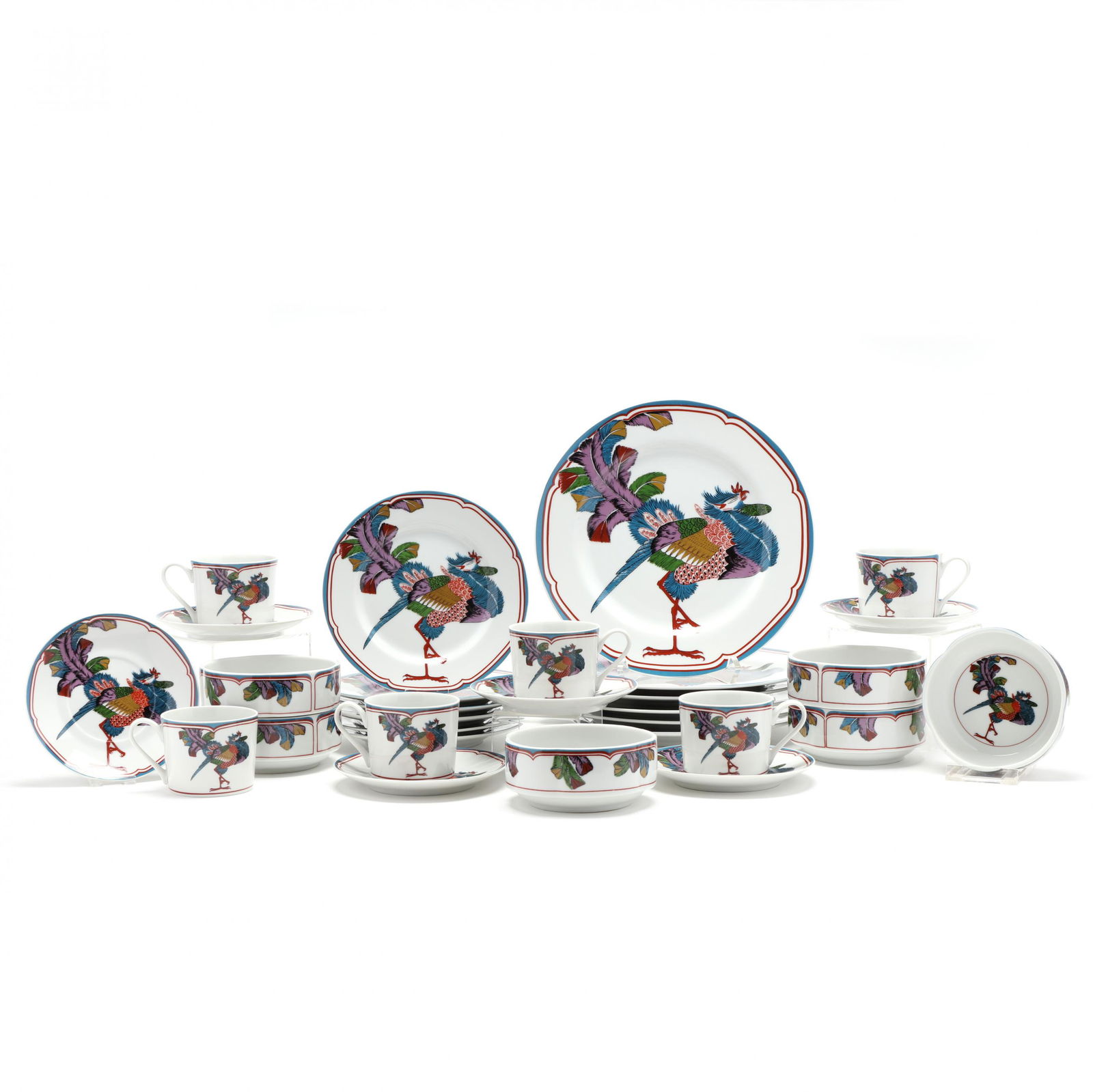 Georges Briard "Oriental Peacock" China (30): Georges Briard "Oriental Peacock" China (30)six plates (10.25 in.) (one plate with 1/2" rim chip); six small bowls; six cups and six saucers; six plates (7.5 in.) (two with very small edge nicks). The