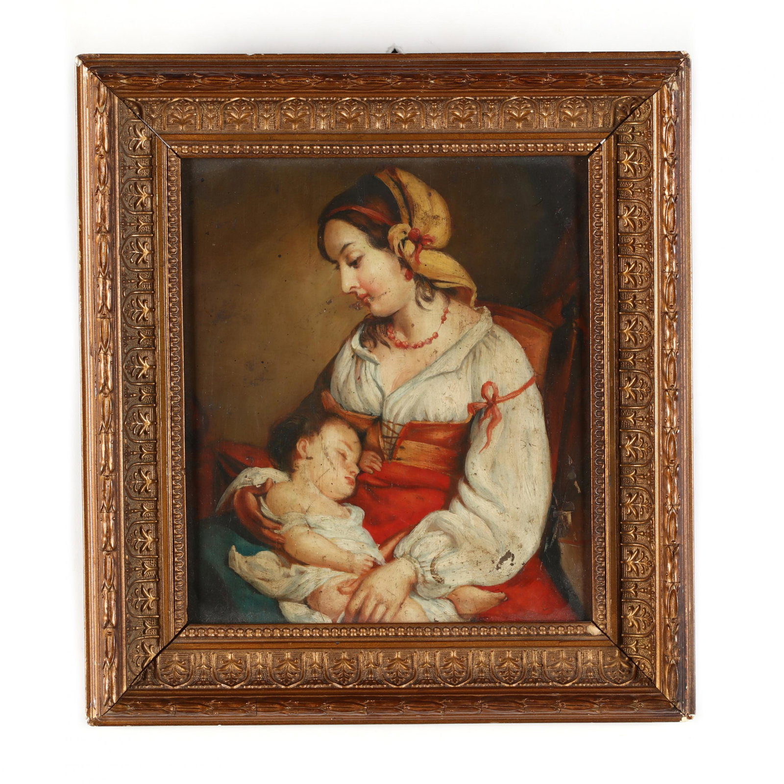 Continental School (19th century), Mother with Sleeping: Continental School (19th century), Mother with Sleeping Child oil on oak panel, unsigned, presented in gilt composition frame. DOA 9.75 x 9 in. Additional high-resolution photos are available at www.l