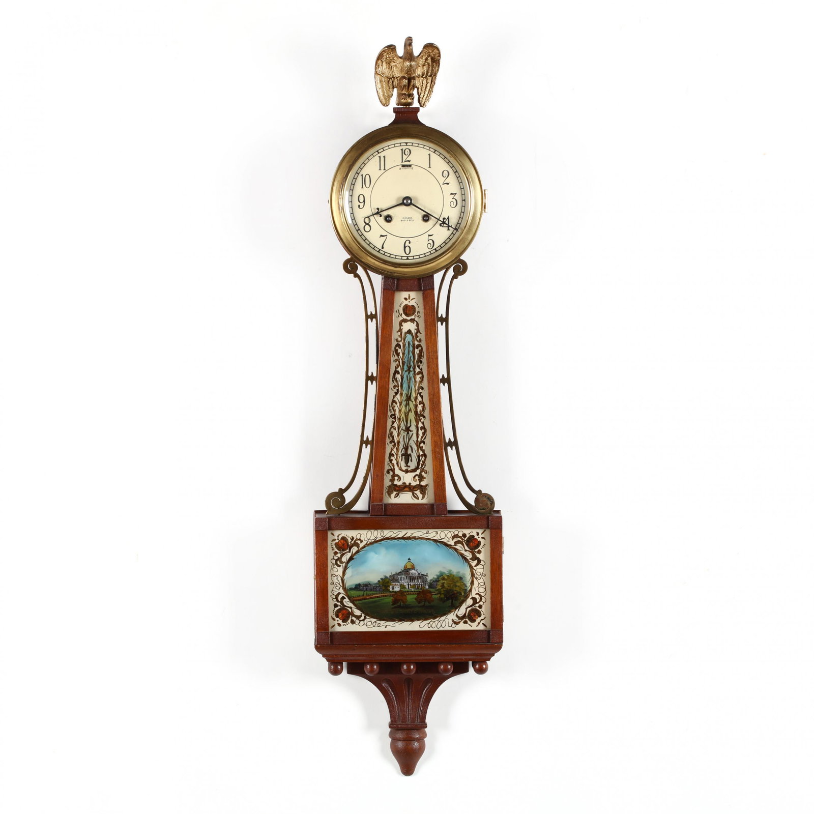 Chelsea Ship: Chelsea Ship's Bell Banjo Clock circa 1920s, key wound time and strike movement, painted dial with "Chelsea Ship & Bell" placed between winding apertures," wooden case topped with brass-colored Americ