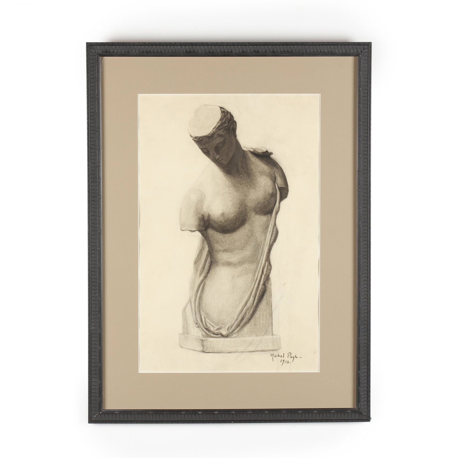 Mabel Pugh (NC/NY, 1891-1986), Figure Study of a: Mabel Pugh (NC/NY, 1891-1986), Figure Study of a Classical Marble Sculpture charcoal on paper, signed and dated 1916 at lower right, matted and framed. SS 21.5 x 14 in.; DOA 29.5 x 22 in. Born in Morr