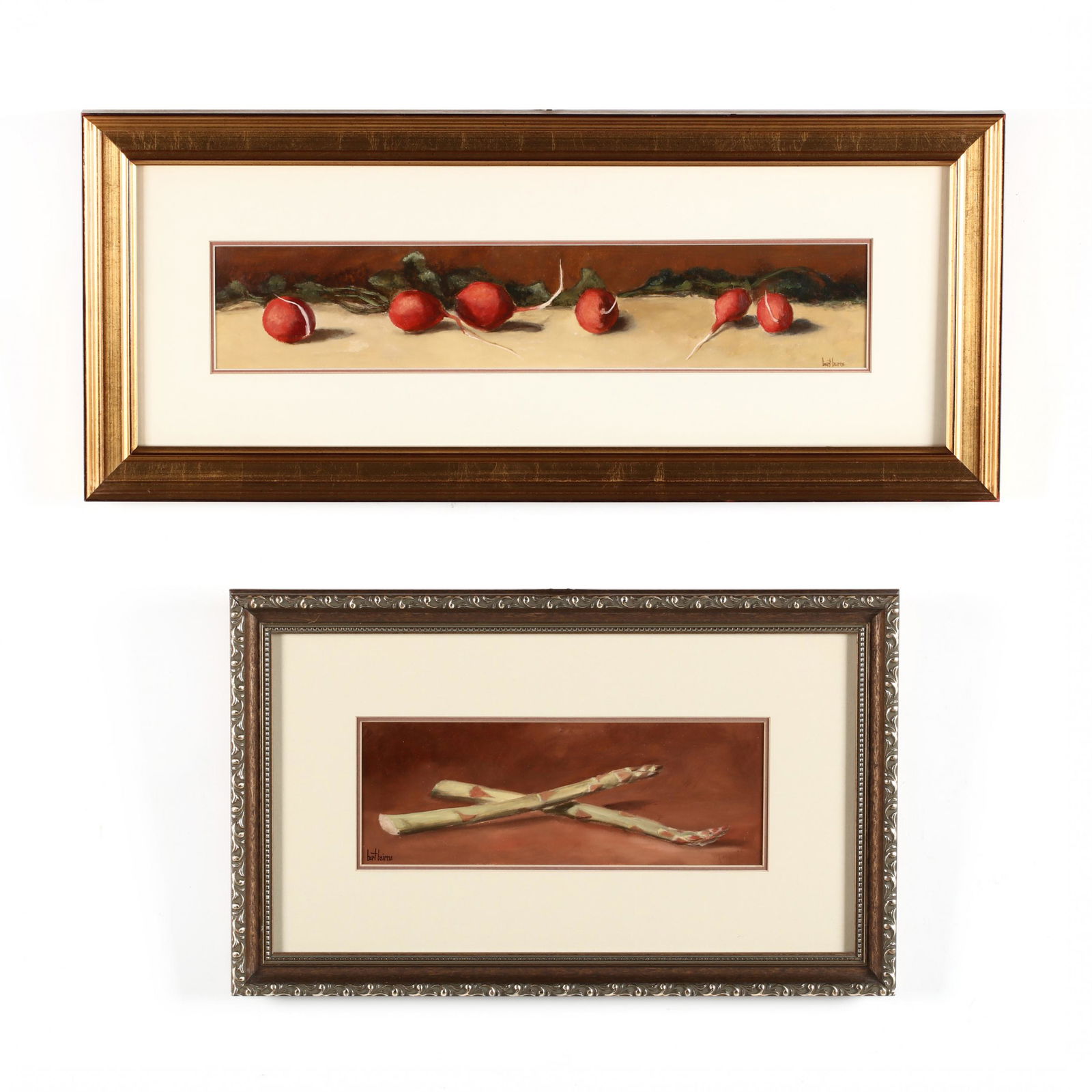 Bert Beirne (OH/GA, born 1939), Two Still Lifes: Bert Beirne (OH/GA, born 1939), Two Still Lifesoil on heavy card, to include a still life with radishes and a still life with asparagus, each signed, both matted and framed under glass. DOA 10.5 x 24.