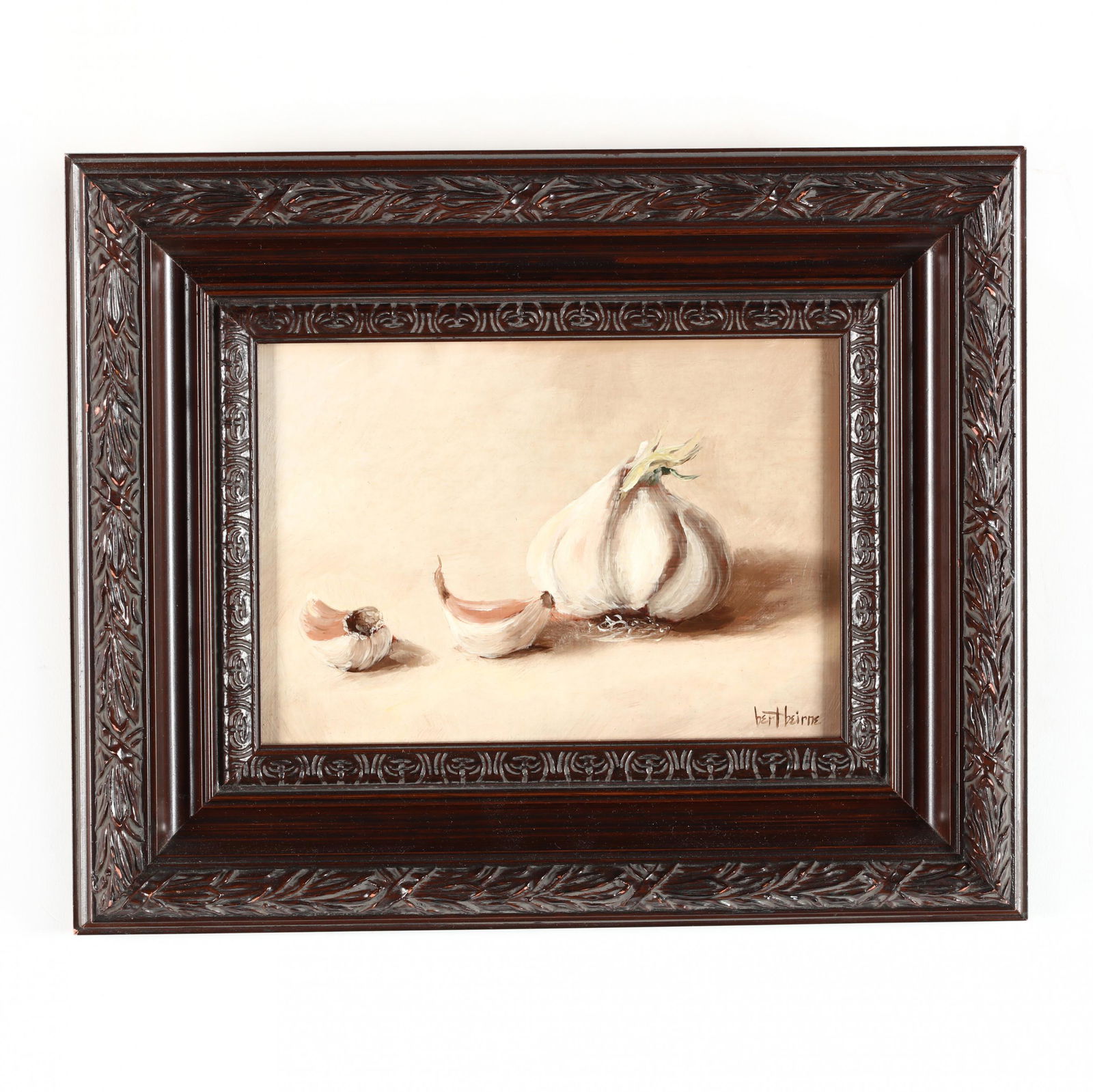 Bert Beirne (OH/GA, born 1939), Still Life with Garlic: Bert Beirne (OH/GA, born 1939), Still Life with Garlicoil on panel, signed at lower right, retains artist's label to framing verso that titles work Garlic, framed. DOA 8.75 x 11 in. From the collectio