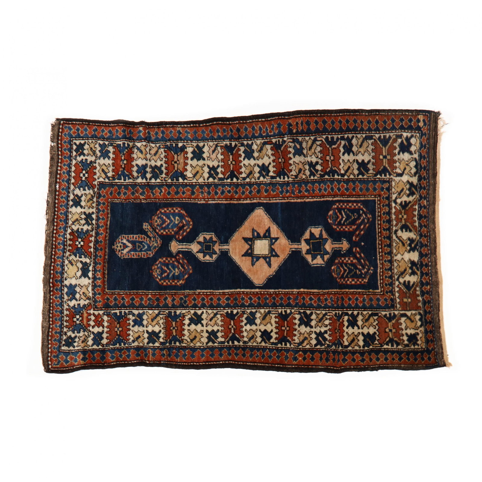 Caucasian Area Rug: Caucasian Area Rugnavy blue field with center diamond-shaped medallion and field with boteh, with main border, and reciprocal inner and outer border. 3 ft. 9 in. x 5 ft. 8 in. Additional high-resolut