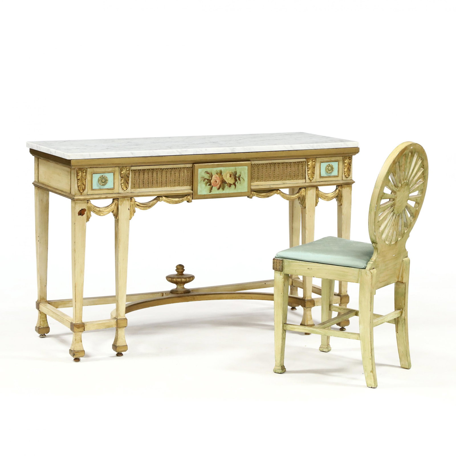 Vintage Italianate Marble Top Console Table and Chair: Vintage Italianate Marble Top Console Table and Chair mid 20th century, rectangular white marble top, wood and gesso stand with painted and gilt highlight, with stretcher base, with conforming pierced