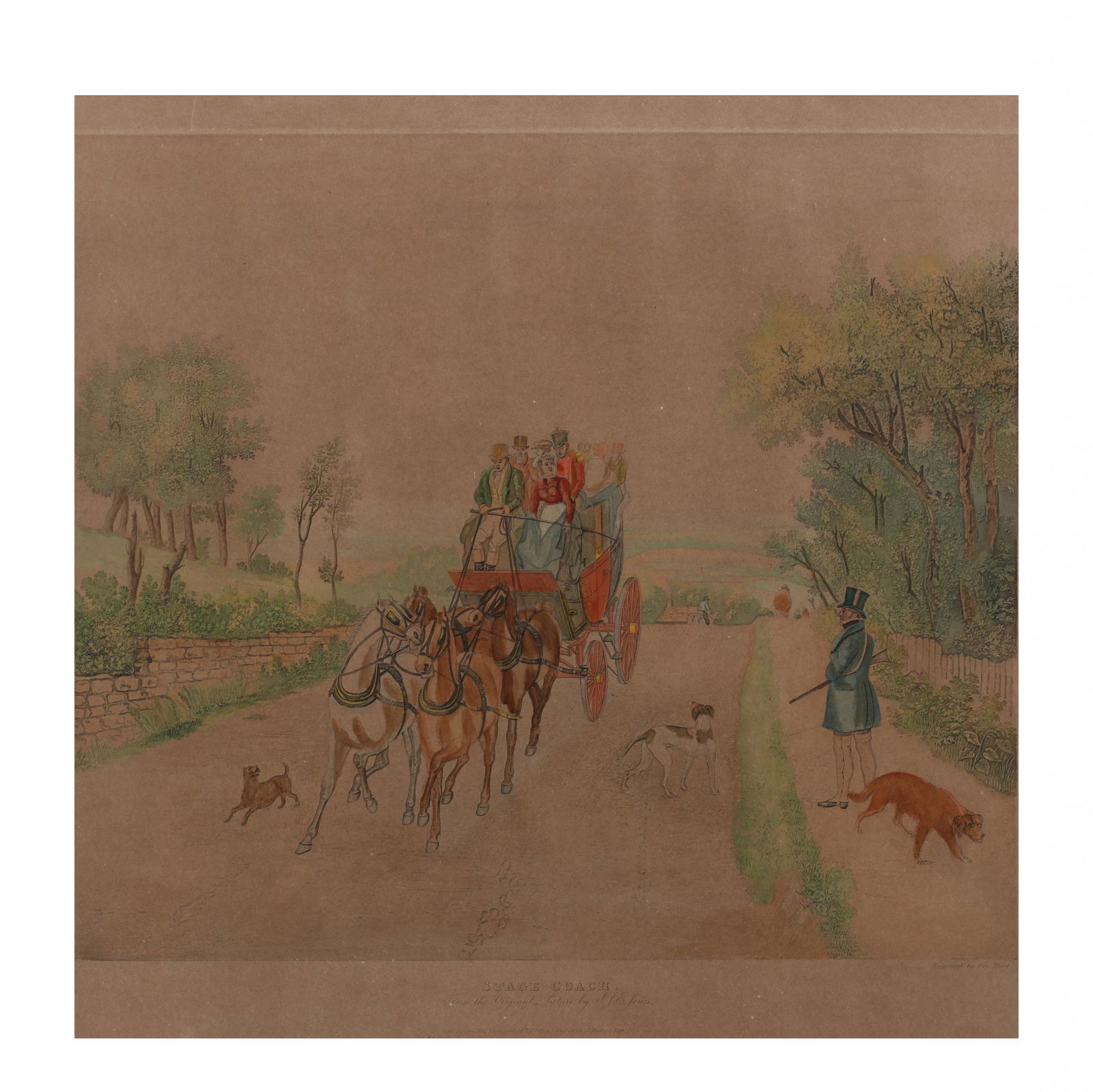 after S. J. E. Jones, Stage Coach.: after S. J. E. Jones, Stage Coach.lithograph, first half 20th century after an 1827 work, presented in wooden frame with gilt and paint decoration. DOA 23.5 x 26 in. From the Collection of a Virginia