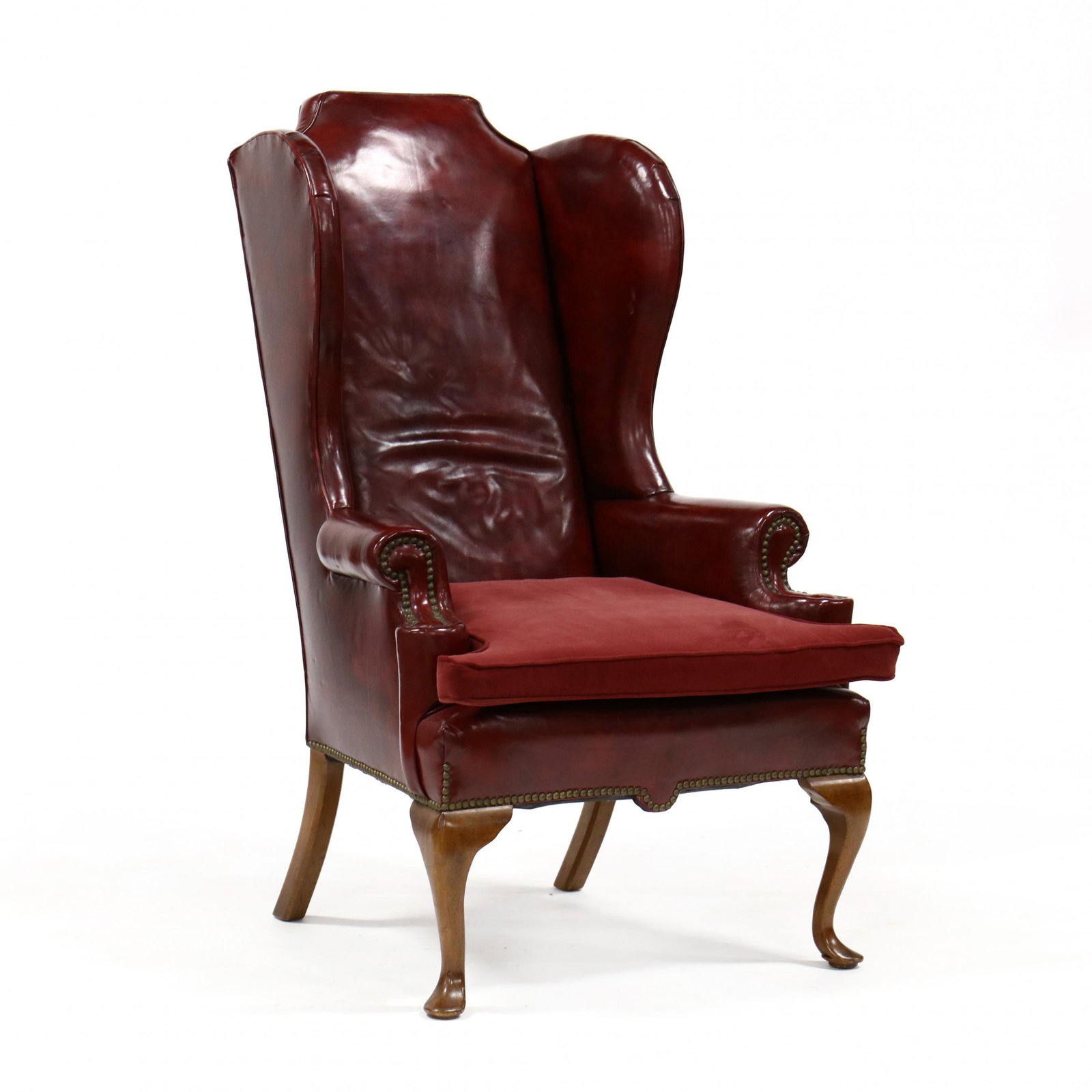 Ephraim Marsh, Vintage Queen Anne Style Naugahyde: Ephraim Marsh, Vintage Queen Anne Style Naugahyde Upholstered Easy Chair mid 20th century, cherry, dark red naugahyde upholstery with brass nailhead rim, plush upholstered loose cushion, on cabriole l