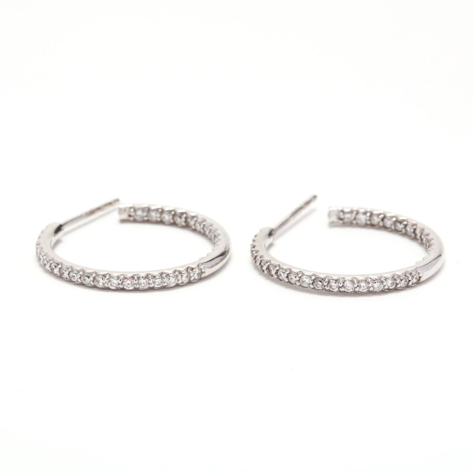 18KT White Gold Inside-Outside Diamond Hoop Earrings,: 18KT White Gold Inside-Outside Diamond Hoop Earrings, Roberto Coinset with full cut round diamonds weighing approximately .75 total carat (G-H color, VS-SI clarity) and completed with posts and push b