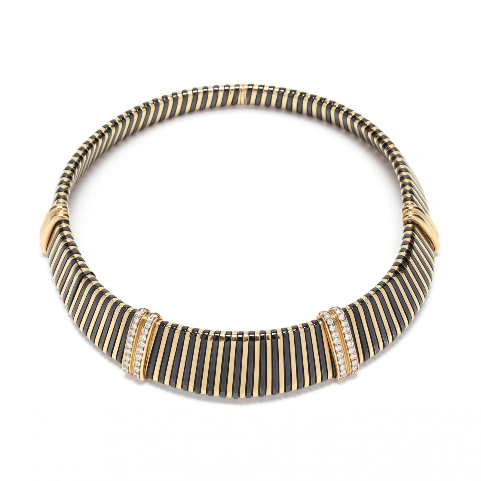 18KT Gold, Diamond, and Steel Choker Necklace, Italy: 18KT Gold, Diamond, and Steel Choker Necklace, Italy in the Bulgari ""Tubogus" style, the flexible, tapered choker designed with vertical high polish yellow gold bars alternating with black steel bars
