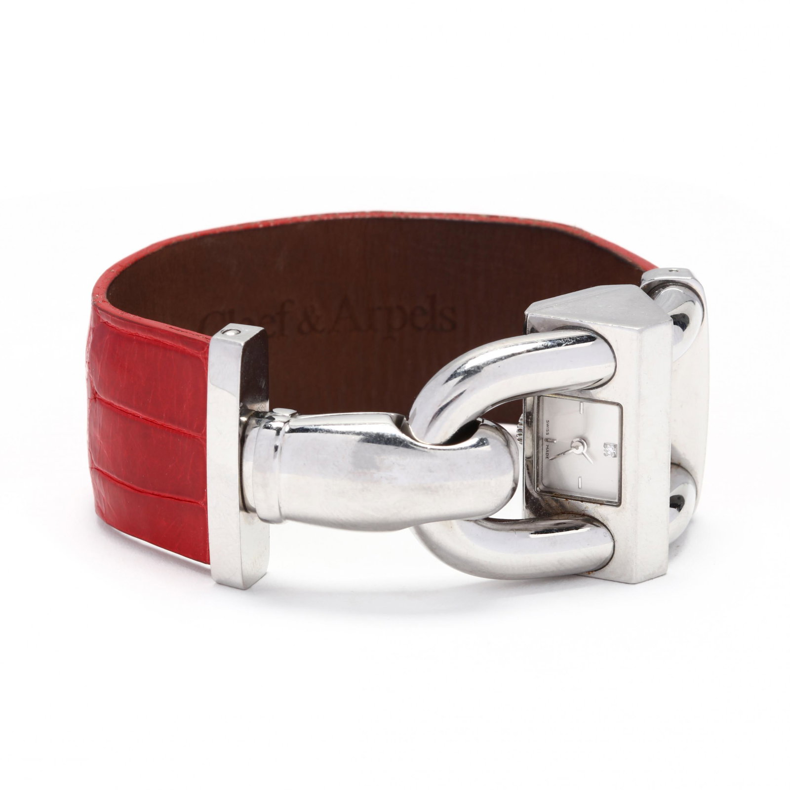 Lady's Stainless Steel "Cadenas" Watch, Van Cleef &: Lady's Stainless Steel "Cadenas" Watch, Van Cleef & Arpels quartz movement, the watch inset to the padlock motif clasp, with silver tone dial, with baton hour markers at the 3, 6, and 9:00 hour and di