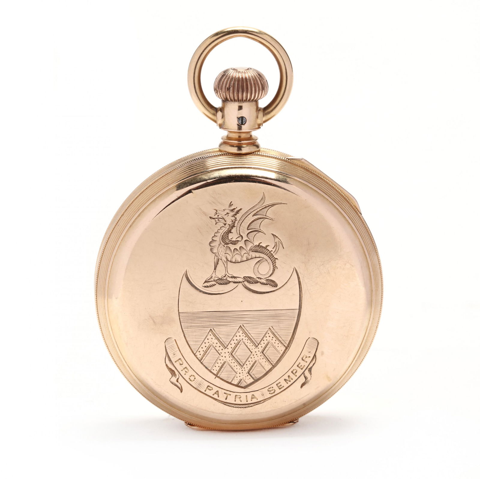 Antique 18KT Gold Hunter Case Pocket Watch, American: Antique 18KT Gold Hunter Case Pocket Watch, American Watch Co.circa 1879, stem wind and lever set, movement #1145034, eleven jewels, the gold case with heraldic crest and Latin inscription "malo / mor