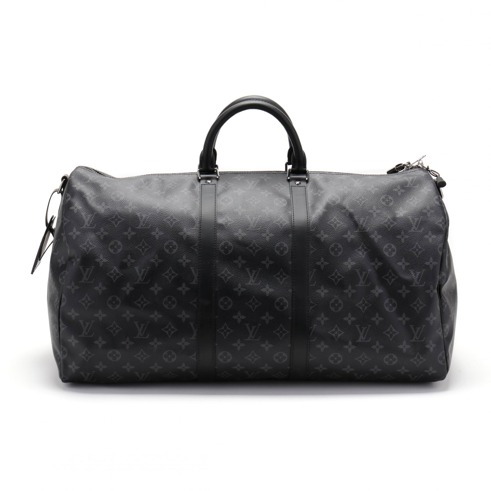 Monogram Canvas Keepall 55, Louis Vuitton: Monogram Canvas Keepall 55, Louis Vuitton constructed of black and grey Monogram Eclipse canvas with black leather trim including grip handles, luggage tag, silver tone hardware, open black canvas int