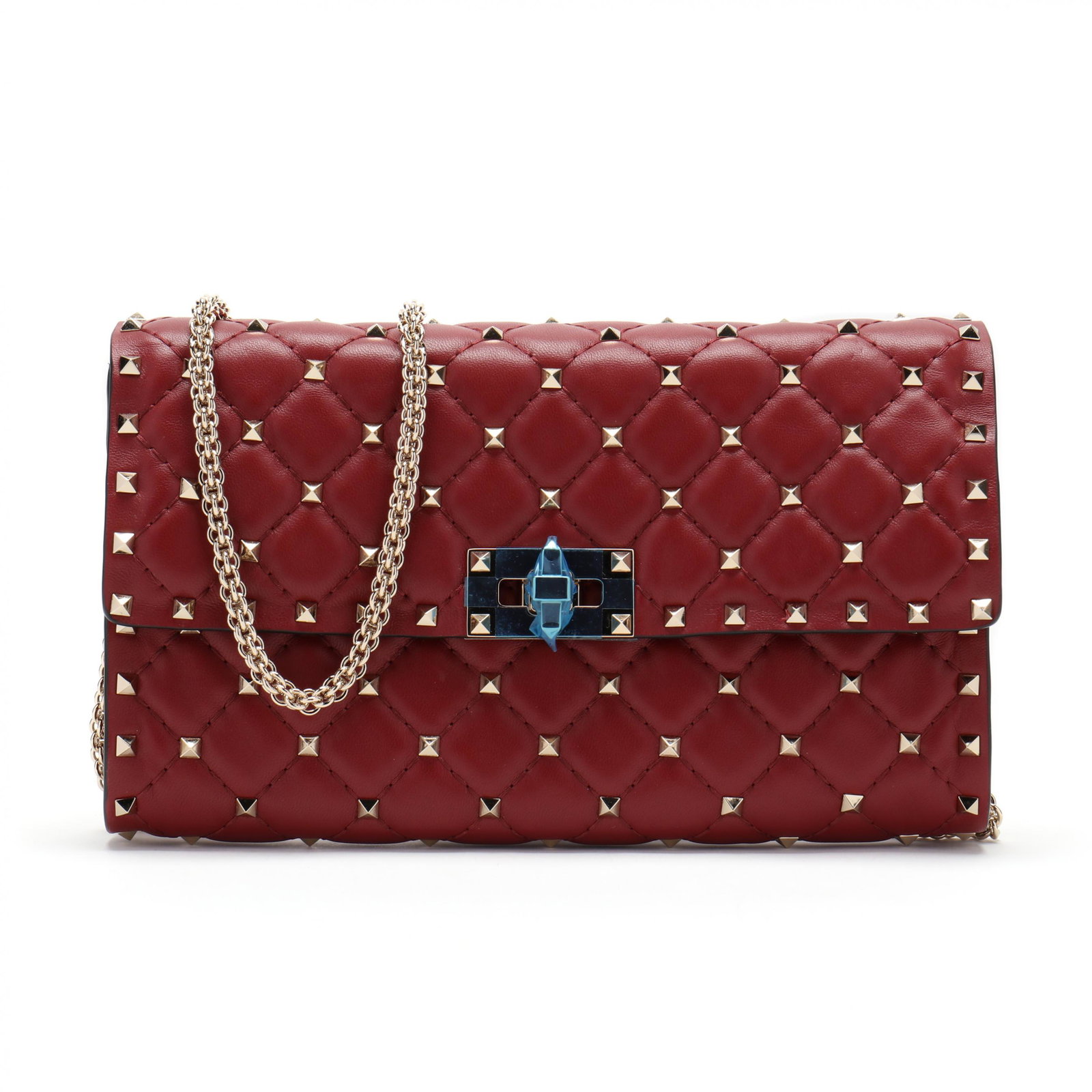 Rock Stud Spike Crossbody Bag, Valentino Garavani: Rock Stud Spike Crossbody Bag, Valentino Garavani Made in Italy of burgundy color Nappa leather designed in quilted diamonds intersected by metallic spikes, the flap front with turn lock closure opens