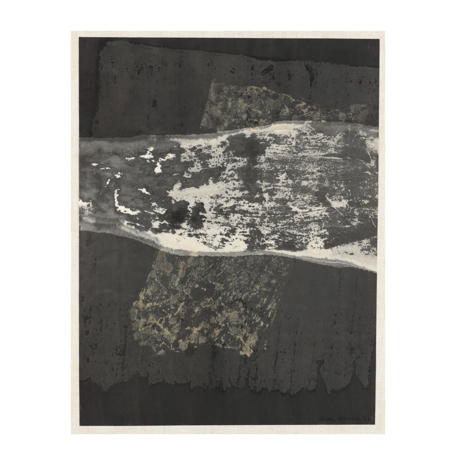 Carl Morris (American, 1911-1993), Rivers and Shores: Carl Morris (American, 1911-1993), Rivers and Shoressumi ink and tempera on paper, signed and dated 1958 at lower right, float mounted on loose weave linen and framed under glass. Sheet 22.5 x 17.5 in