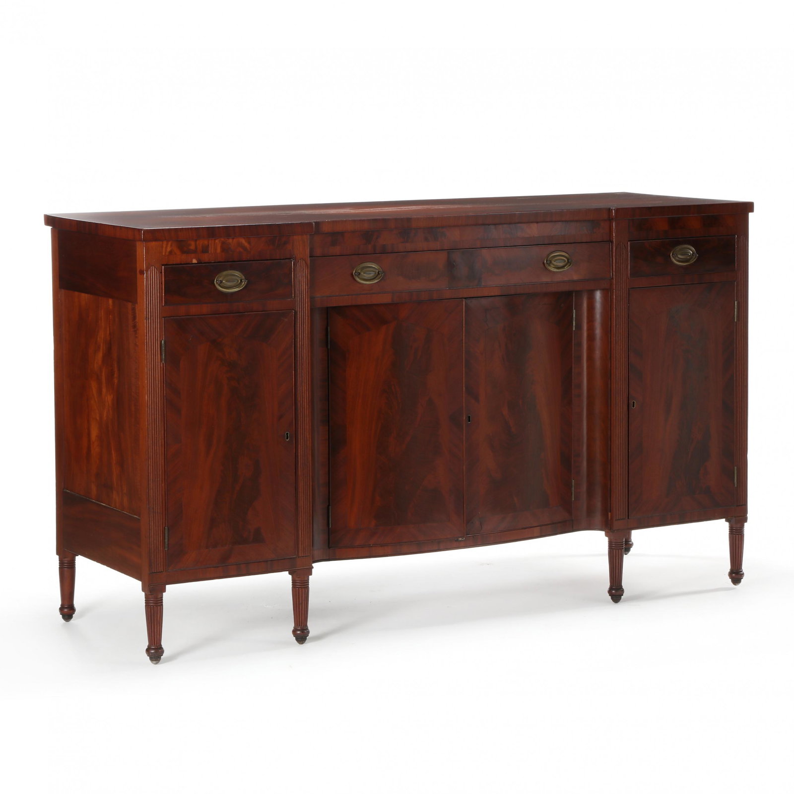 Mid-Atlantic Late Federal Mahogany Sideboard: Mid-Atlantic Late Federal Mahogany Sideboard attributed to Baltimore, Maryland, circa 1820-30, poplar and white pine secondary, rectangular cut top with applied tri-panel rear backsplash, the panels w