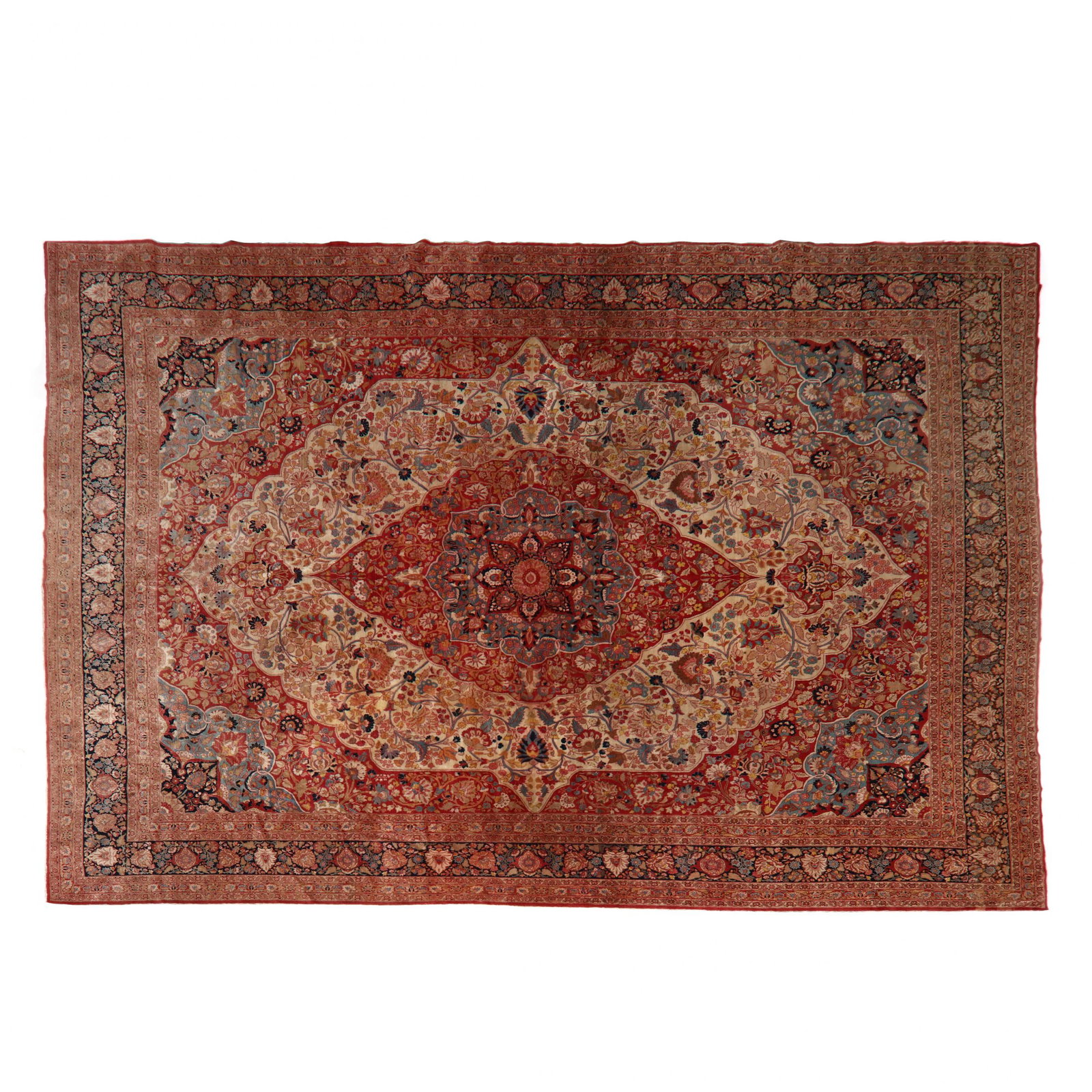 Large Tabriz Carpet: Large Tabriz Carpet centered with a lobed floral-filled medallion, on beige ground, ground with large palmette and rosette design elements, multicolor spandrels with repeating design elements, main bo