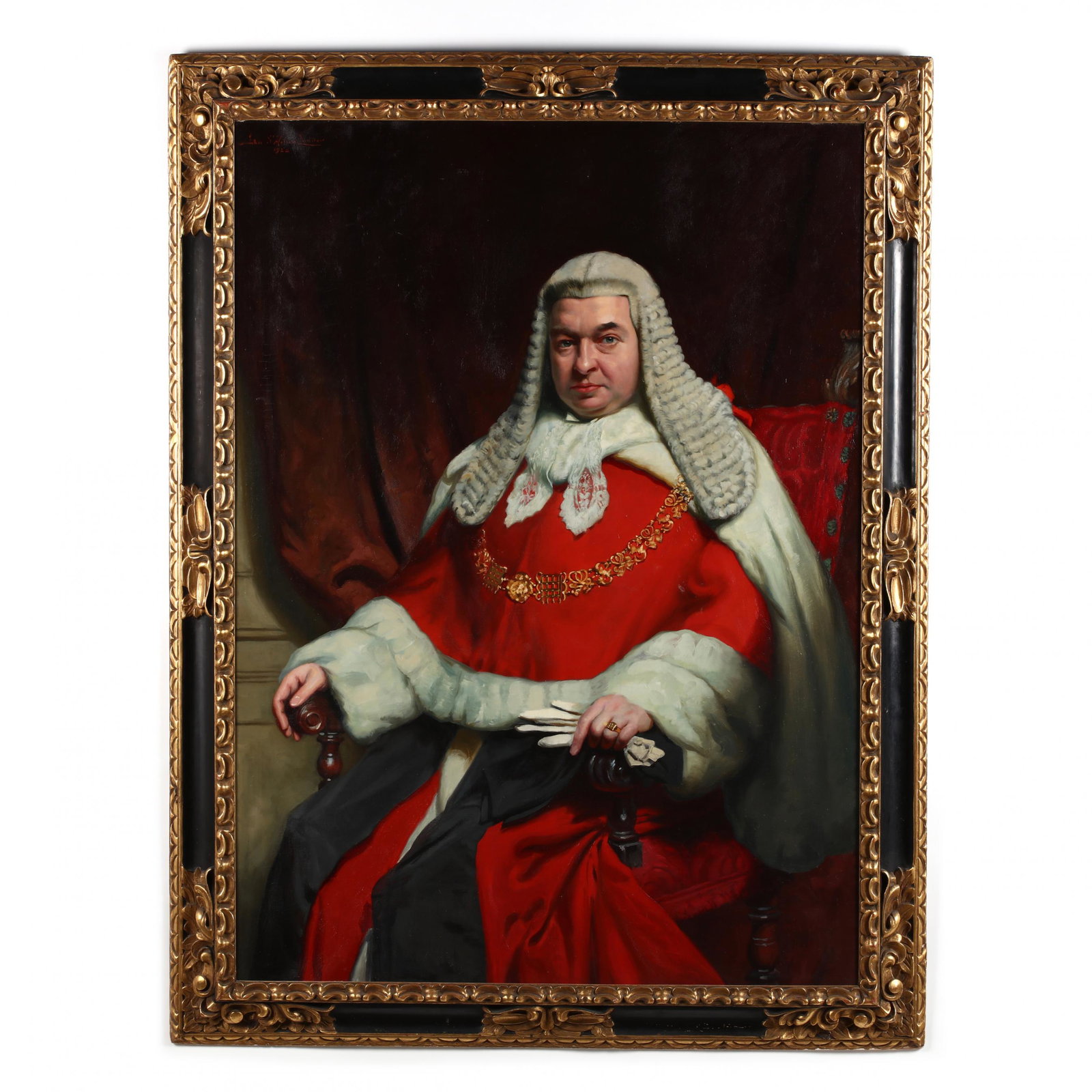 John St Helier Lander (British, 1868-1944), Portrait of: John St Helier Lander (British, 1868-1944), Portrait of Lord Chief Justice of England oil on canvas, signed and dated 1924 at upper left, inscribed on the verso, presented in a period ebonized and gil