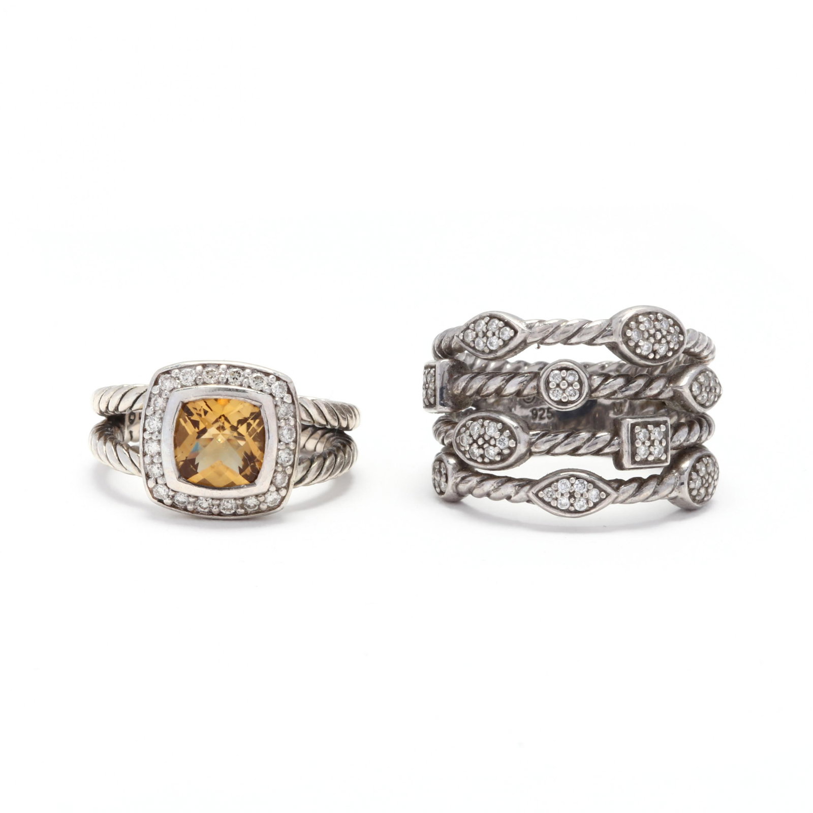 Two Silver and Gem-Set Rings, David Yurman: Two Silver and Gem-Set Rings, David Yurman the first from the "Albion" collection, a cushion cut citrine center stone surrounded by a full cut round diamond halo weighing approximately .17 total carat