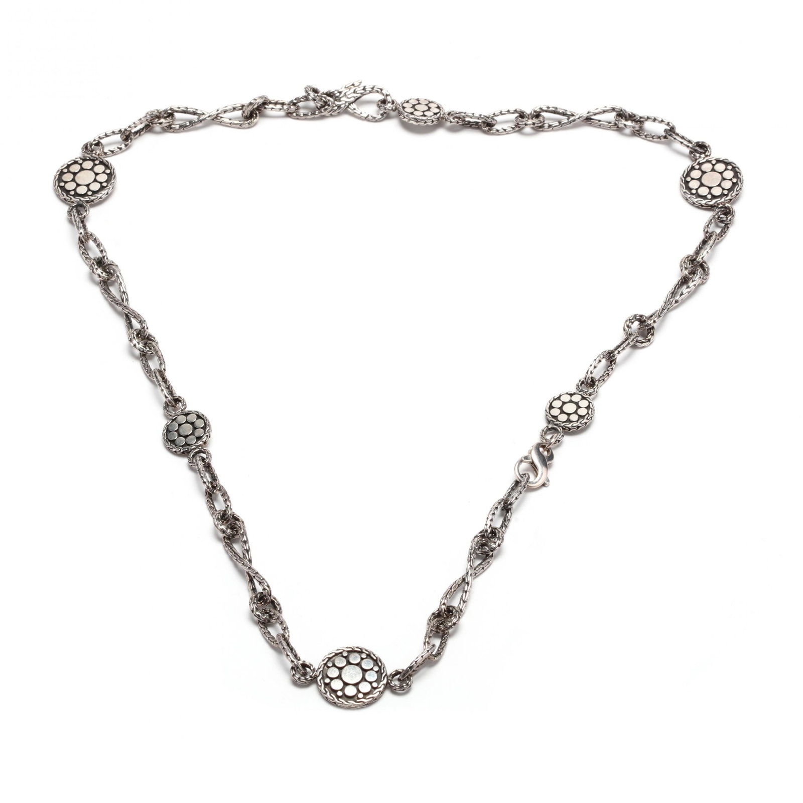 Sterling Silver Station Necklace, John Hardy: Sterling Silver Station Necklace, John Hardy from the Dot Collection, comprised of stylized figure eight and oval links with six Dot stations, with maker's mark and stamped 925. 24.5 in. 1.85 troy oz.