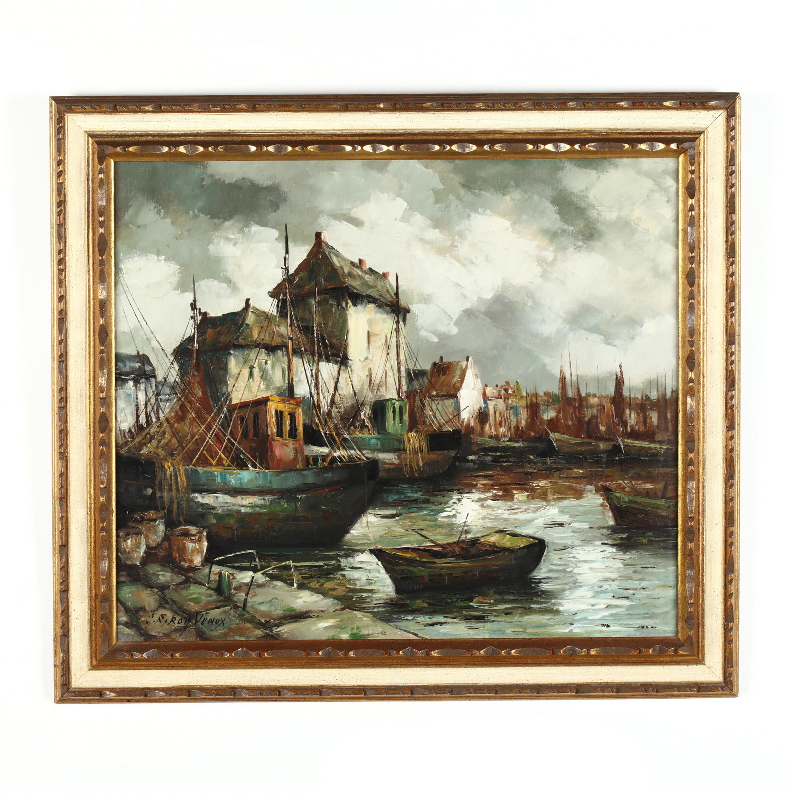 A Mid-Century Painting of a Belgian Harbor: A Mid-Century Painting of a Belgian Harbor oil on canvas, unidentified signature at lower left, stamped on the verso "Made in Belgium" and "Hand Painted," framed. DOA 30.25 x 34.25 in. From the Estate