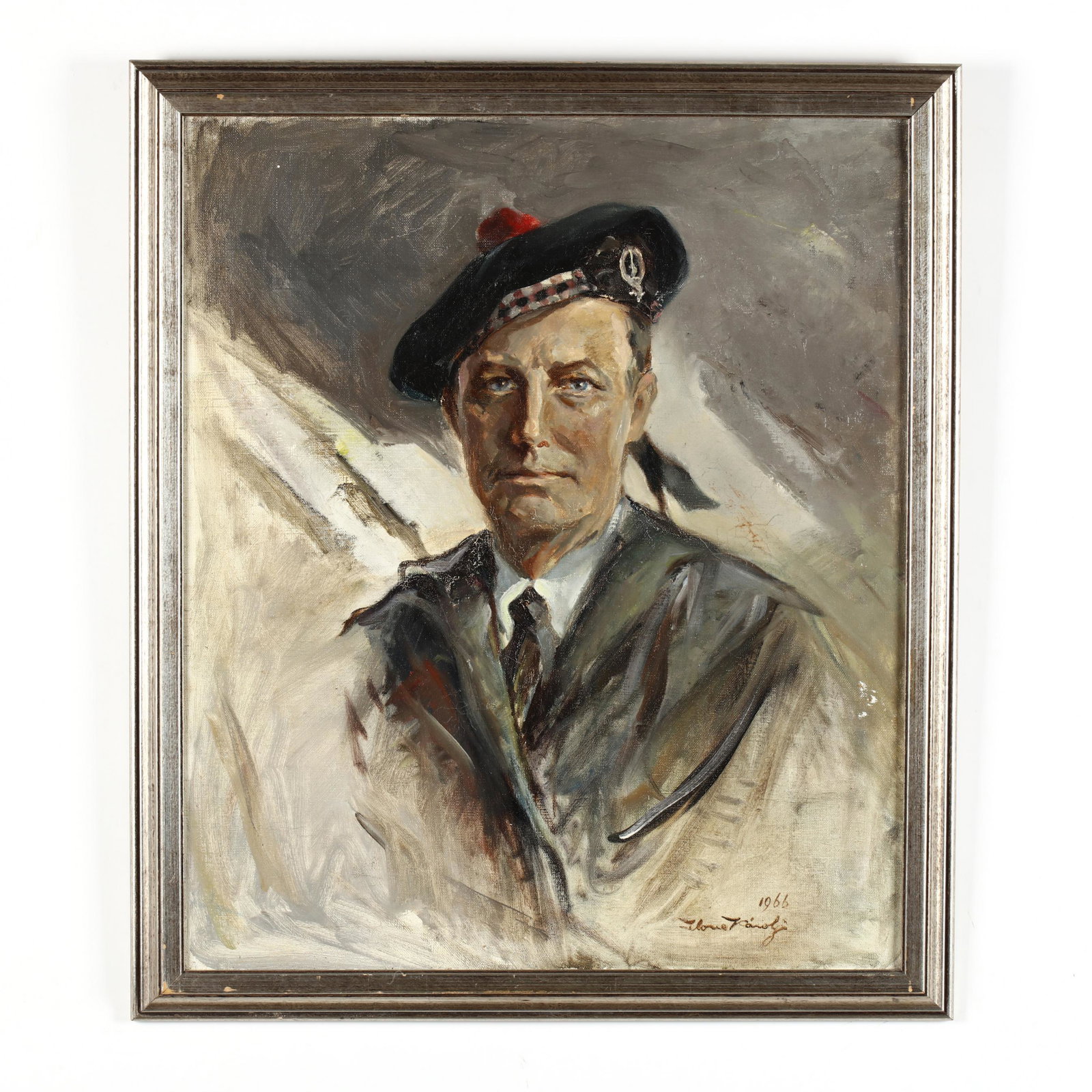 British School, Portrait of a Man with Tam O' Shanter: British School, Portrait of a Man with Tam O' Shanter oil on canvas, signed 1966 lower right, illegible description to verso, framed. DOA 29 x 25 in. Private Collection, Greensboro, North Carolina Add