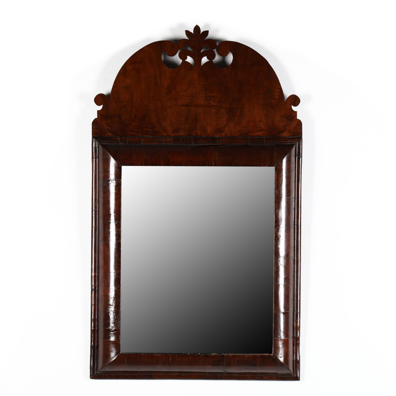 Antique English Mirror: Antique English Mirror circa 1800, rectangular beveled mirror with rounded mahogany veneer surround and molded edge, with later scrolled and pierced pediment. 42 x 24 in. Private Collection of a North