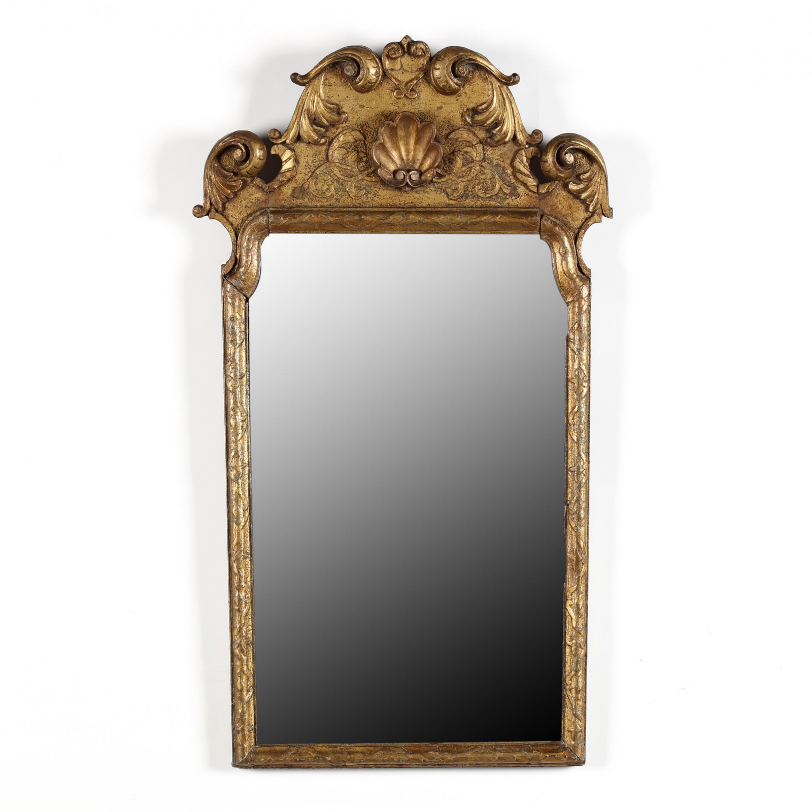 Antique Irish Chippendale Style Carved and Gilt: Antique Irish Chippendale Style Carved and Gilt Diminutive Mirror late 19th century, shaped beveled mirror with a carved and gilt wood surround featuring a well developed scrolled pediment with centra