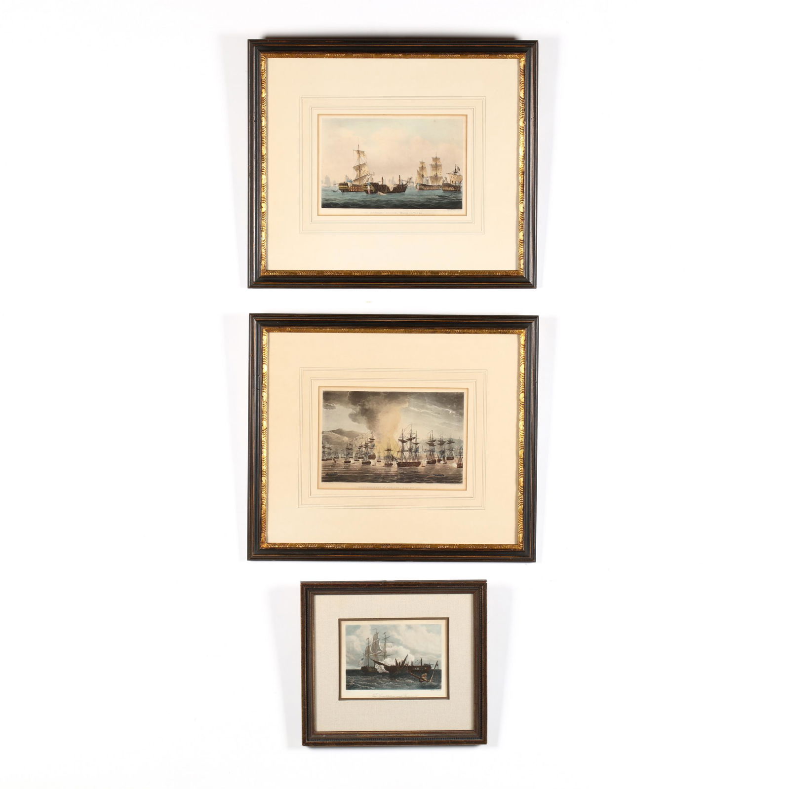 Three 19th-Century British Naval Prints: Three 19th-Century British Naval Printsthe first and second: after Thomas Whitcombe (British, 1763â€“1824), each a hand-colored etching and aquatint, published 1817, both from James Jenkins' The