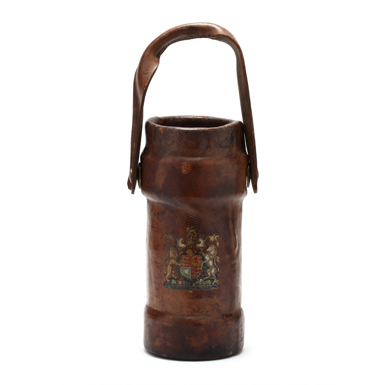 Antique English Leather Fire Bucket: Antique English Leather Fire Bucket 19th century, featuring the British coat-of-arms of a lion and unicorn, leather swing handle attached, burlap liner intact. 13.75 in. Private Collection, Greensboro