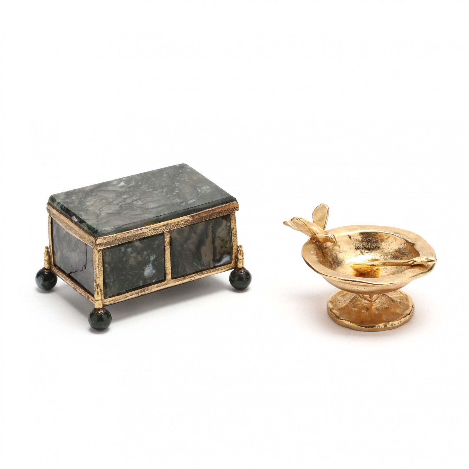 Two Table Accessories: Two Table Accessorieseach 20th century, the first a gold plated metal bird bath and snake salt cellar, marked "Aram / India" for Michael Aram (2 x 3 x 2.5in.) (some minor verdigris to top of bird bath