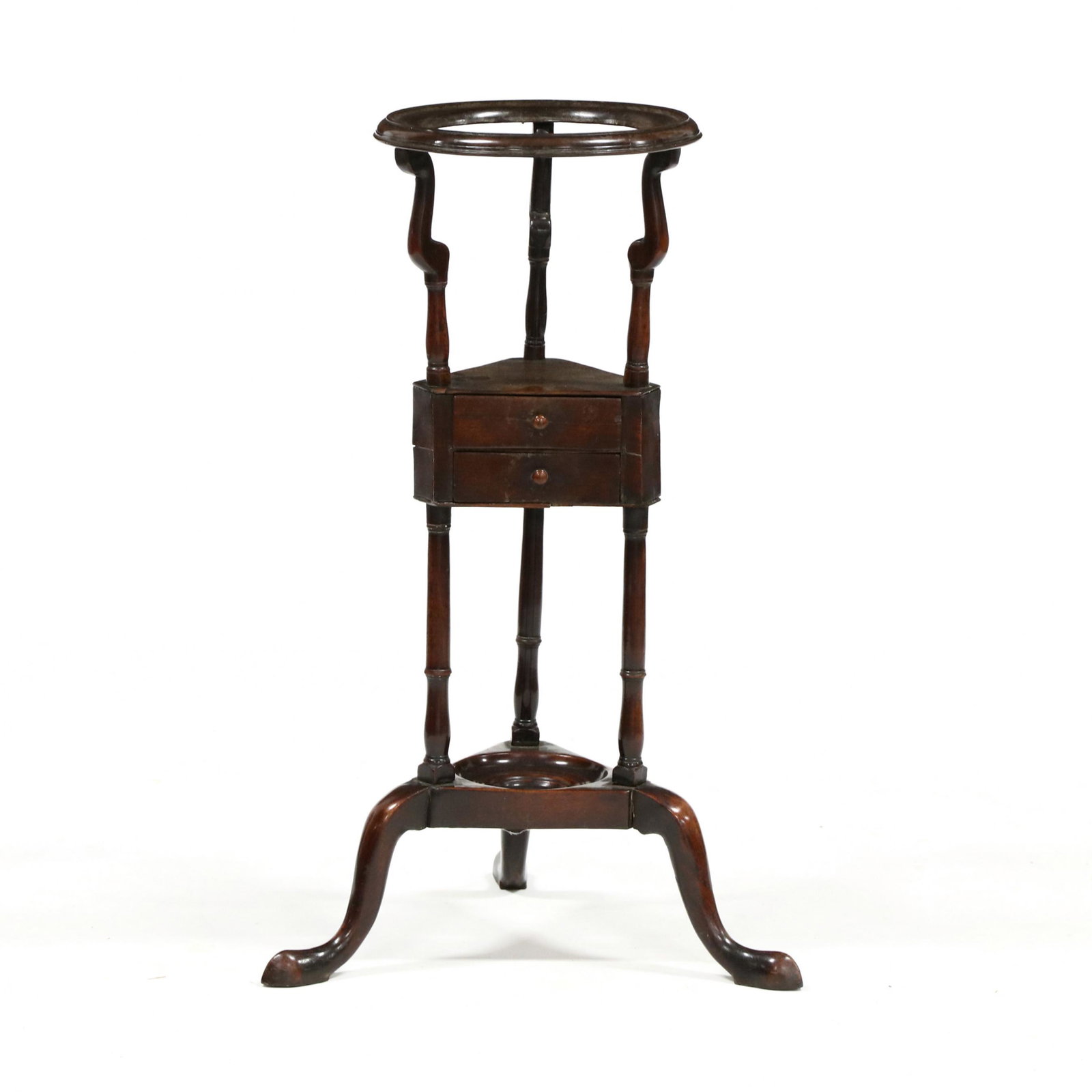 George III Mahogany Wig Stand: George III Mahogany Wig Stand 18th century, oak secondary, central shelf with two drawers, on cabriole legs with pad feet. 31.5 x 19 x 19.75 in. Private Collection of a North Carolina Gentleman Additi